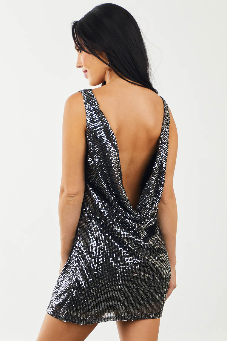 Black Sequin Sleeveless Draped Back Dress