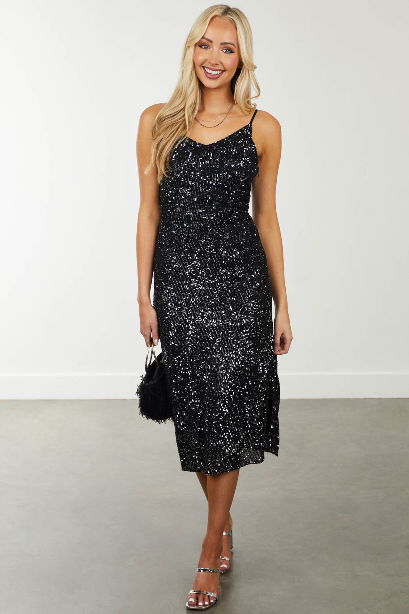 Black Sequin Sleeveless Midi Dress with Side Slit
