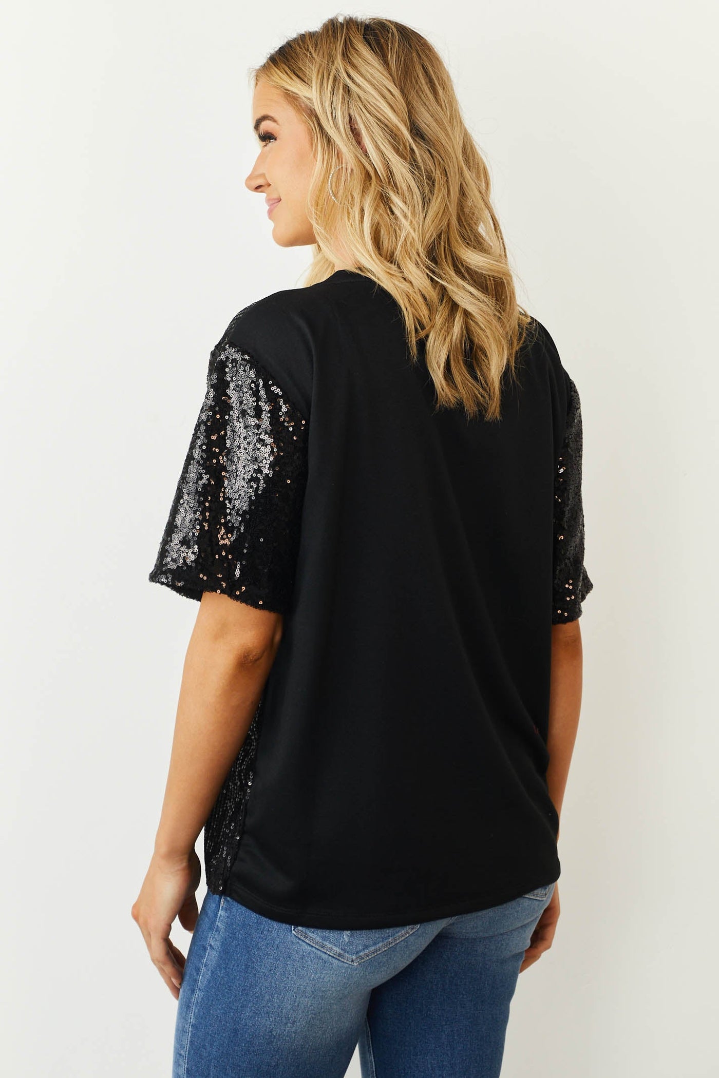 Black Sequined Heart Short Sleeve Top