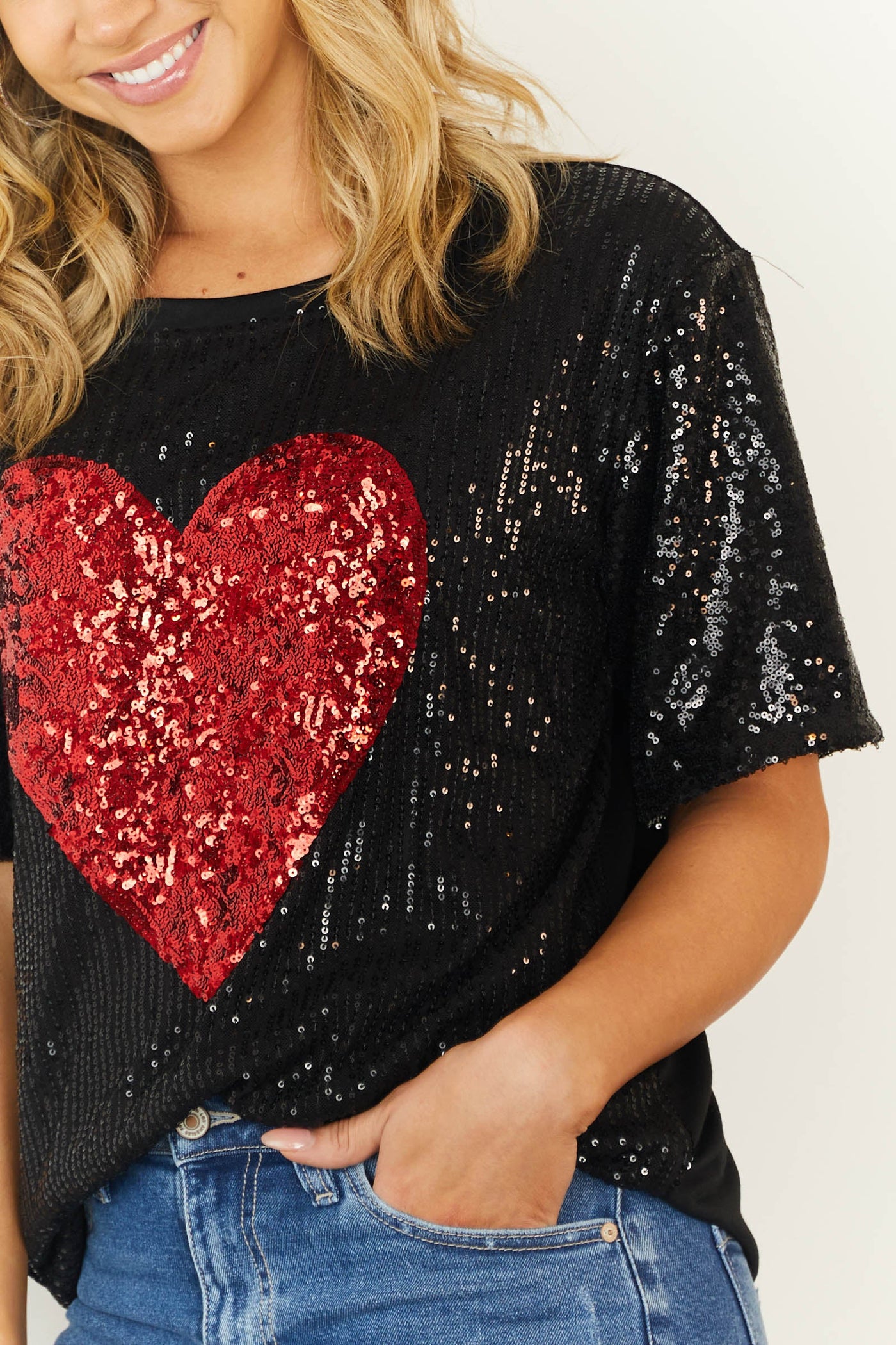 Black Sequined Heart Short Sleeve Top