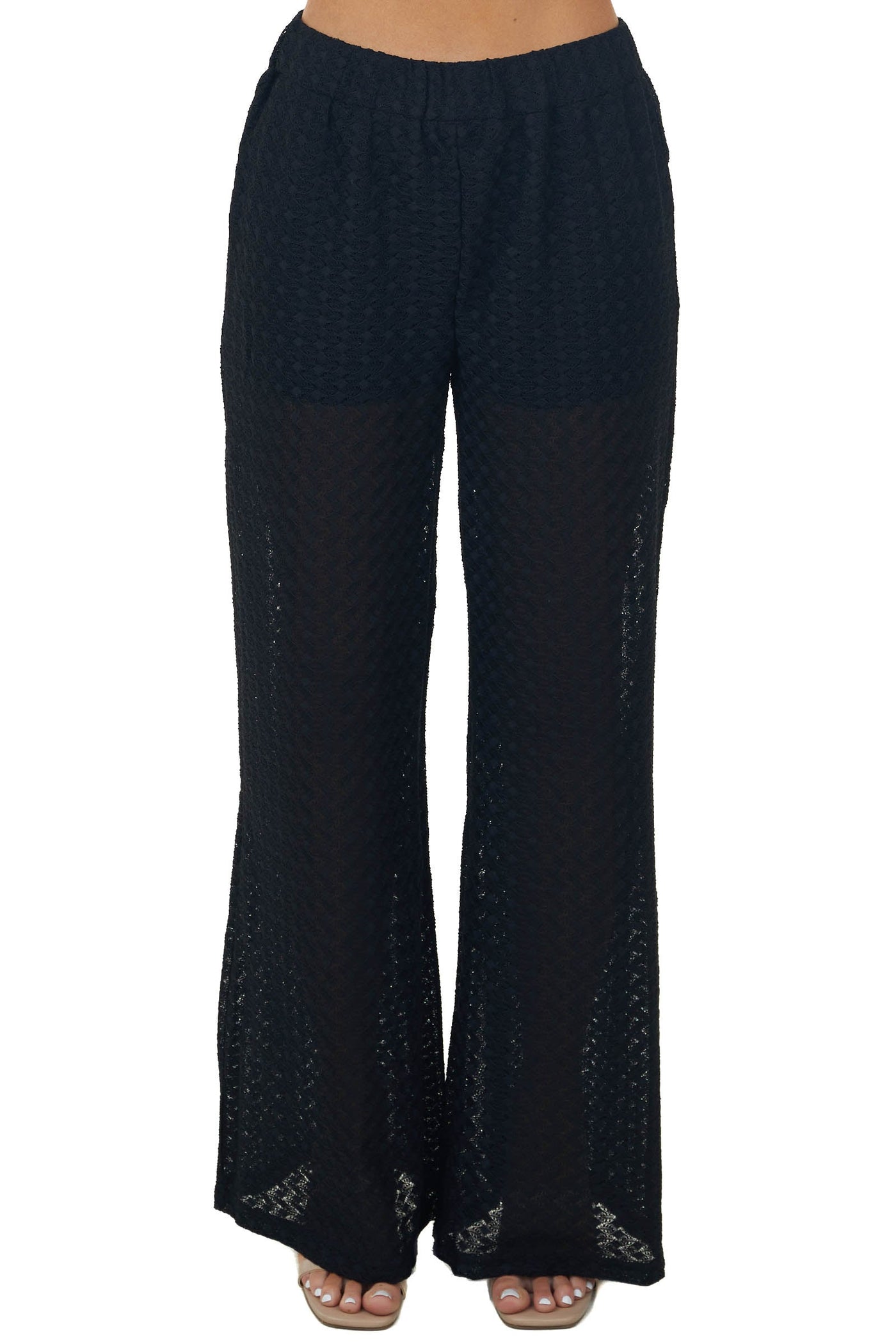 Black Sheer Elastic Band Lace Palazzo Pants