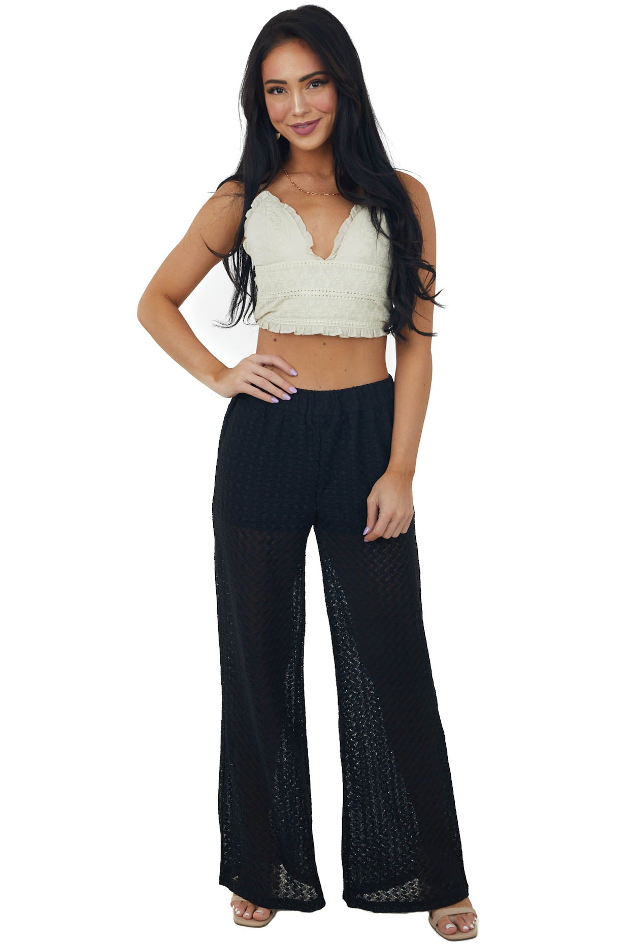Black Sheer Elastic Band Lace Palazzo Pants