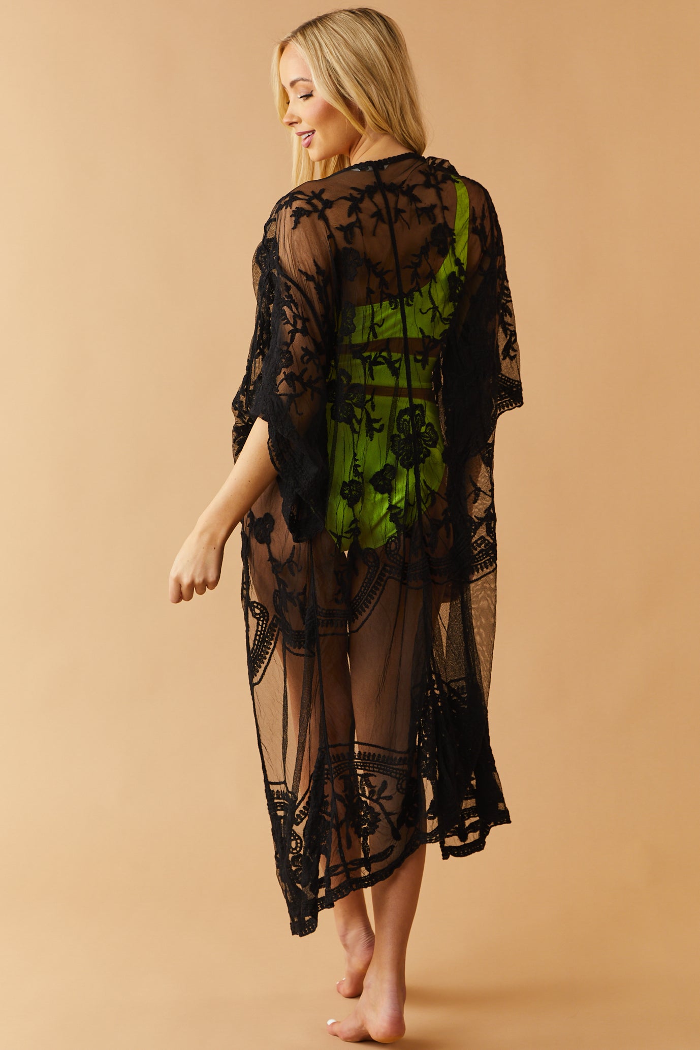 Black Sheer Floral Lace Maxi Kimono