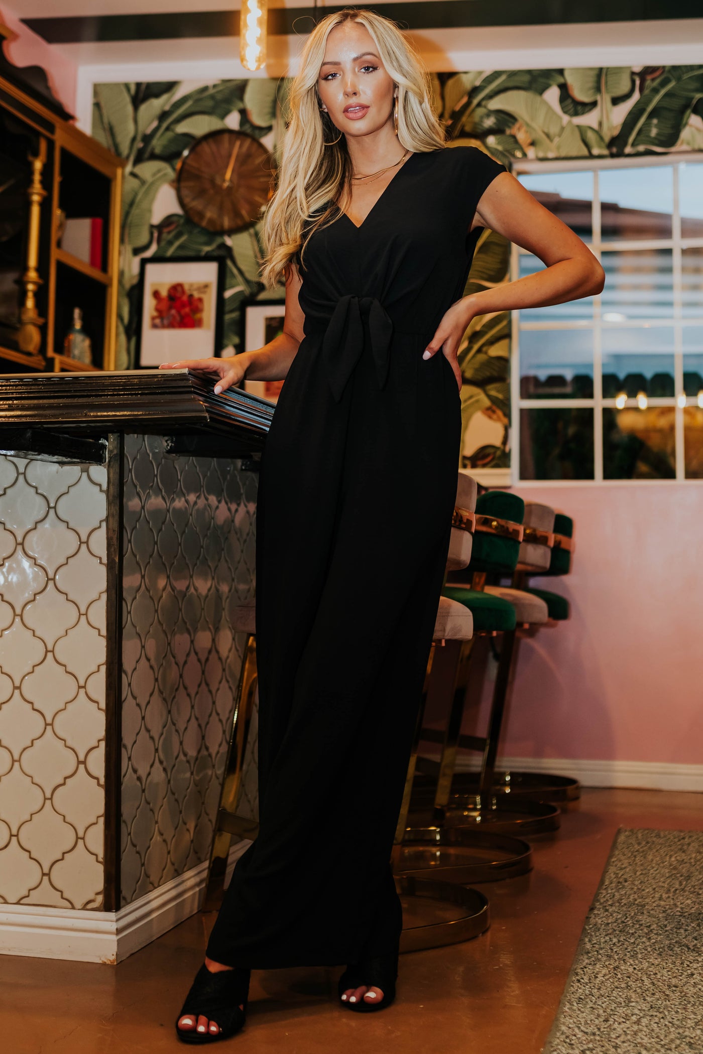Black Short Sleeve Jumpsuit with V Neckline and Keyhole Back