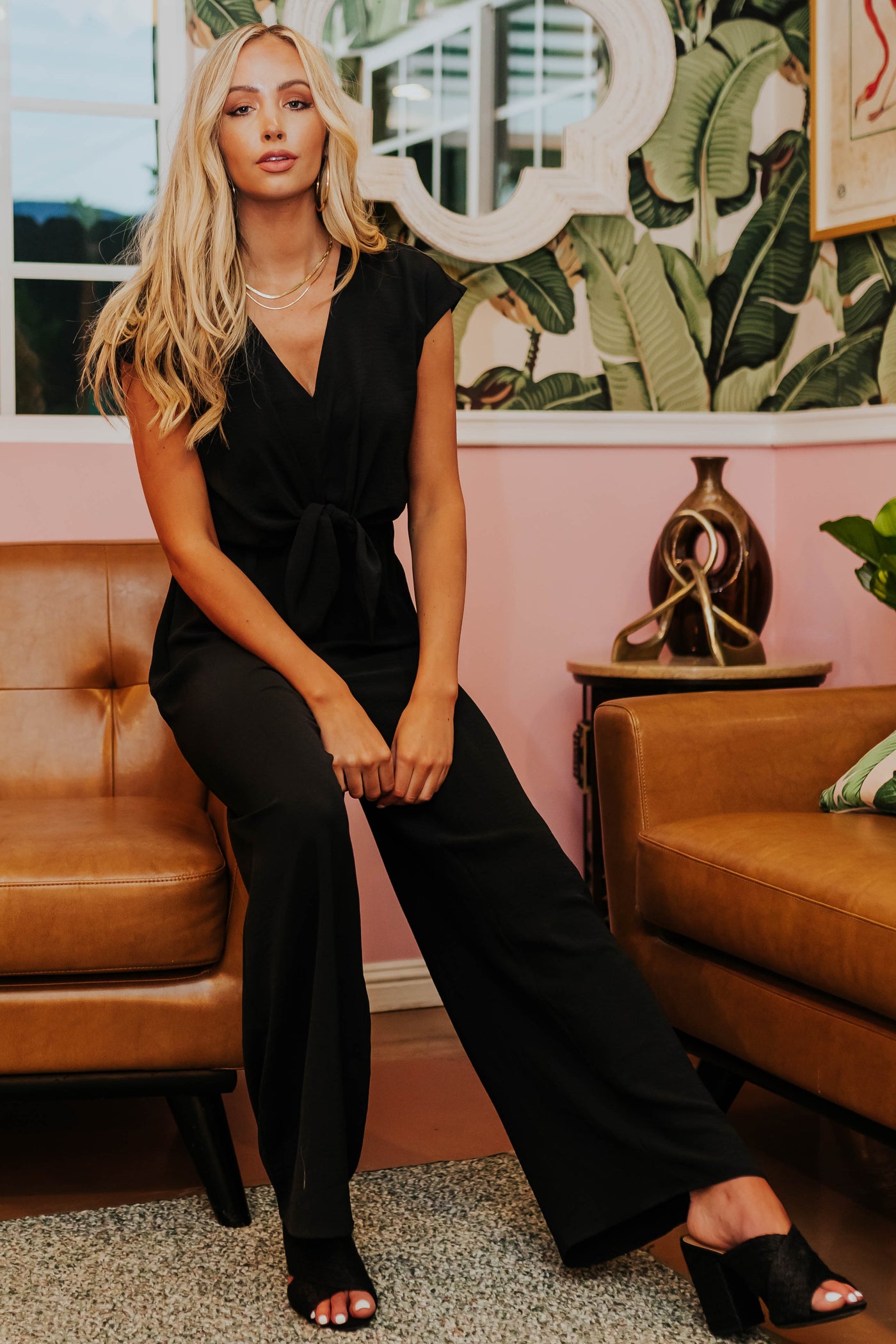 Black Short Sleeve Jumpsuit with V Neckline and Keyhole Back