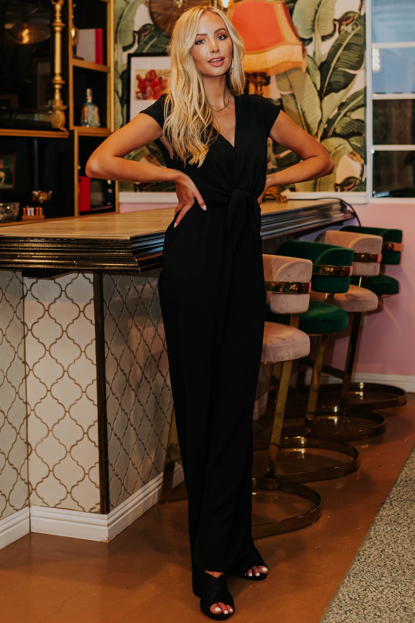 Black Short Sleeve Jumpsuit with V Neckline and Keyhole Back