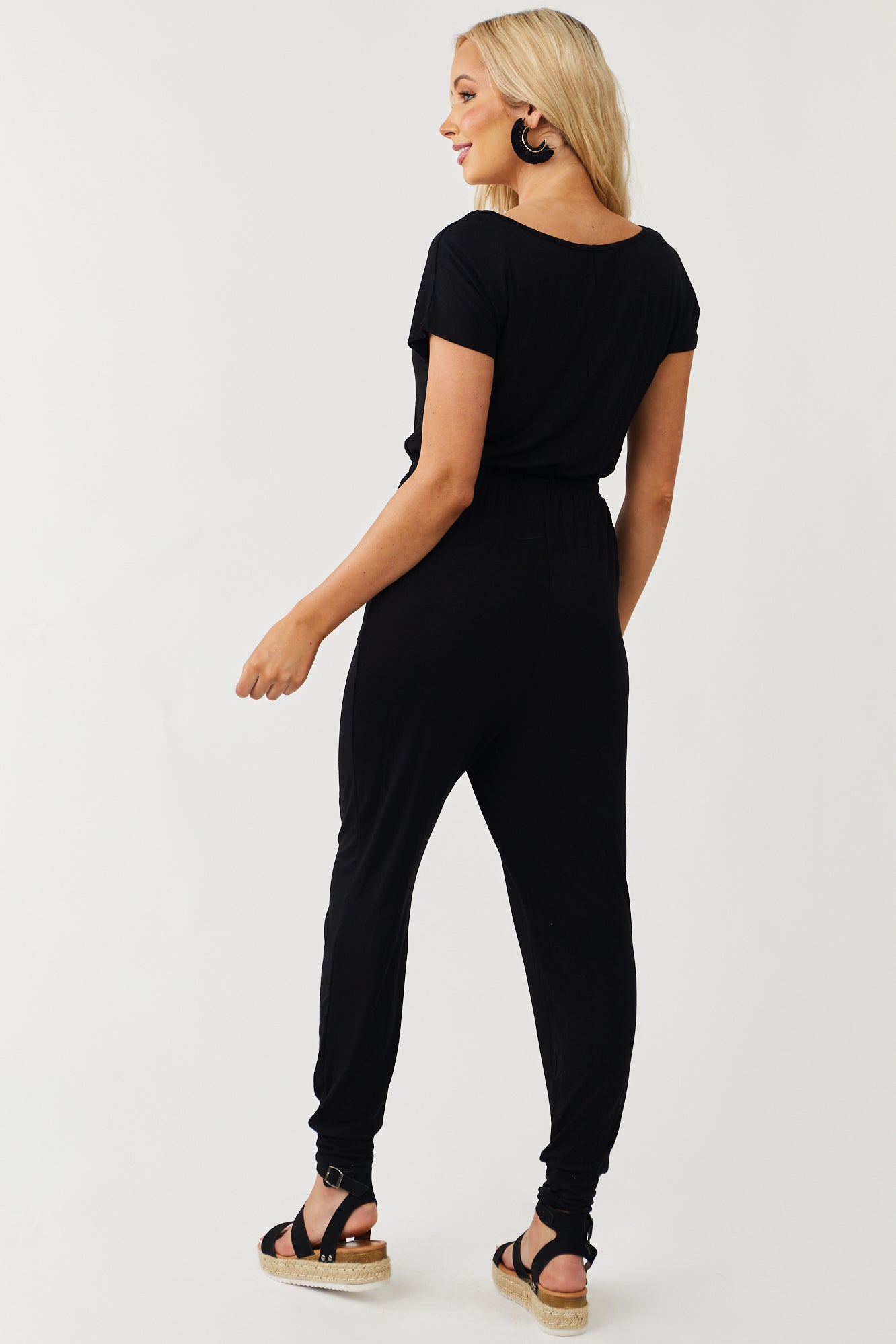Black Short Sleeve Smocked Waist Knit Jumpsuit