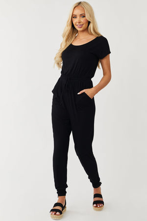 Black Short Sleeve Smocked Waist Knit Jumpsuit