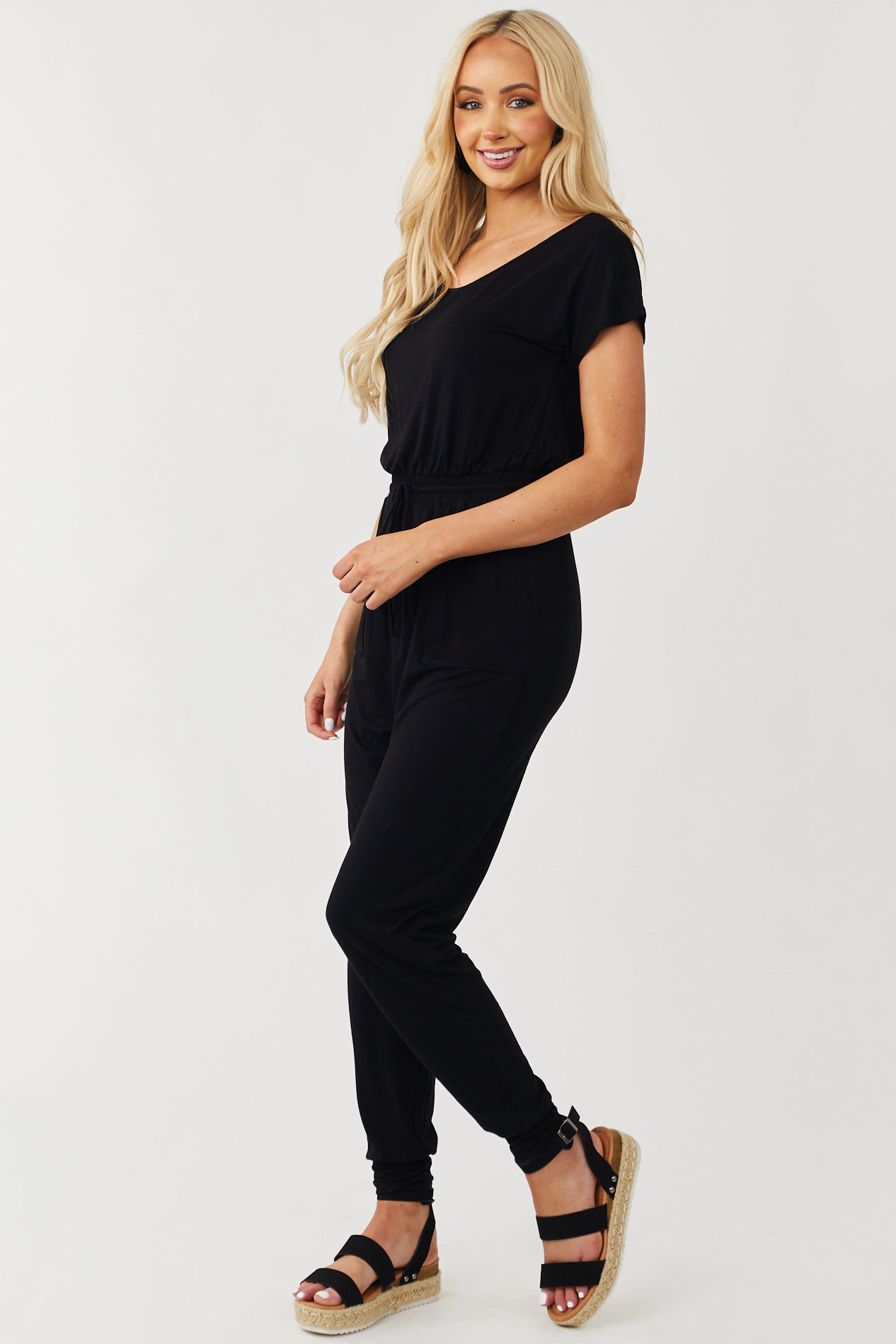 Black Short Sleeve Smocked Waist Knit Jumpsuit