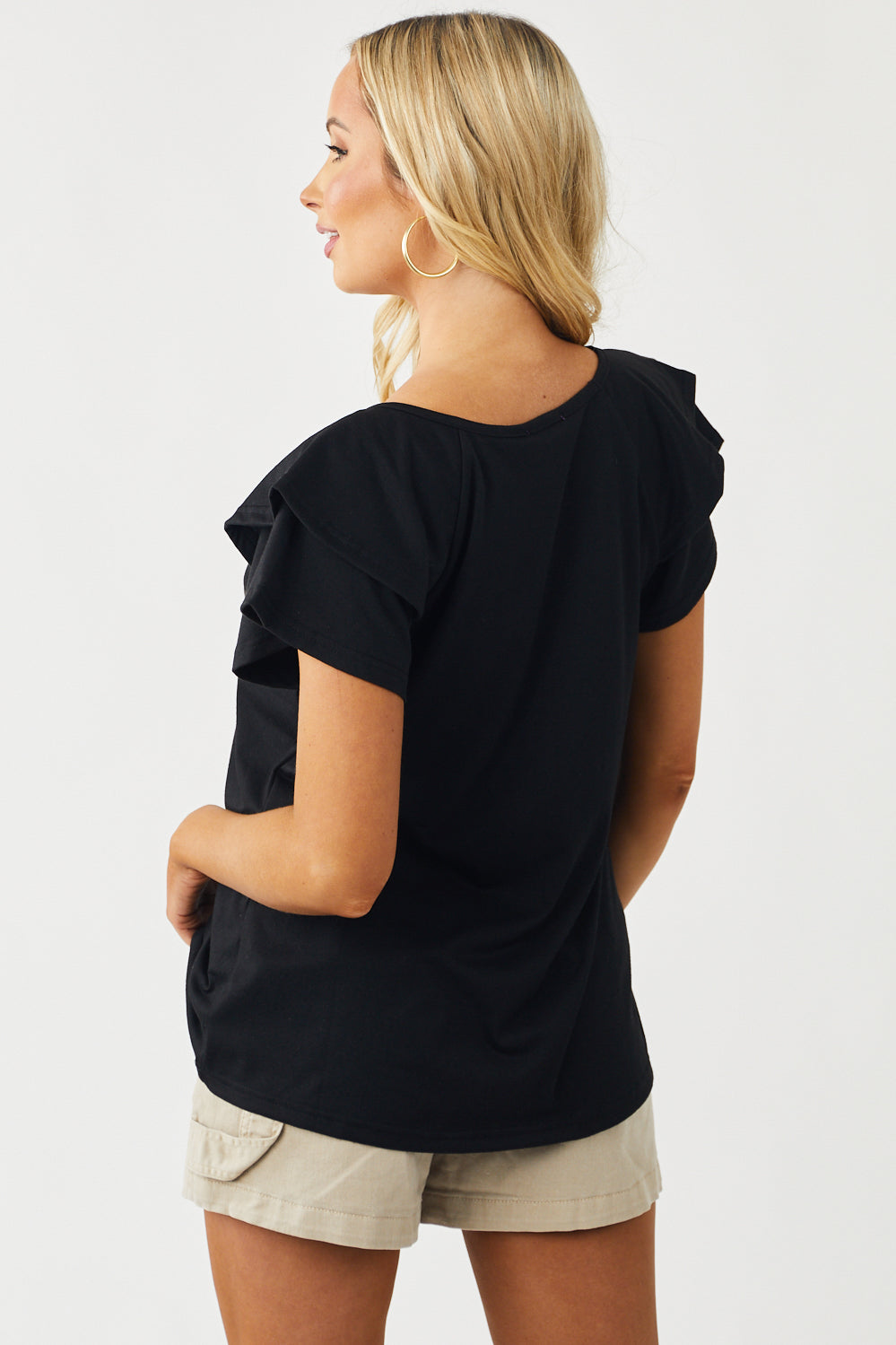 Black Short Tiered Ruffle Sleeve V Neck Knit Top