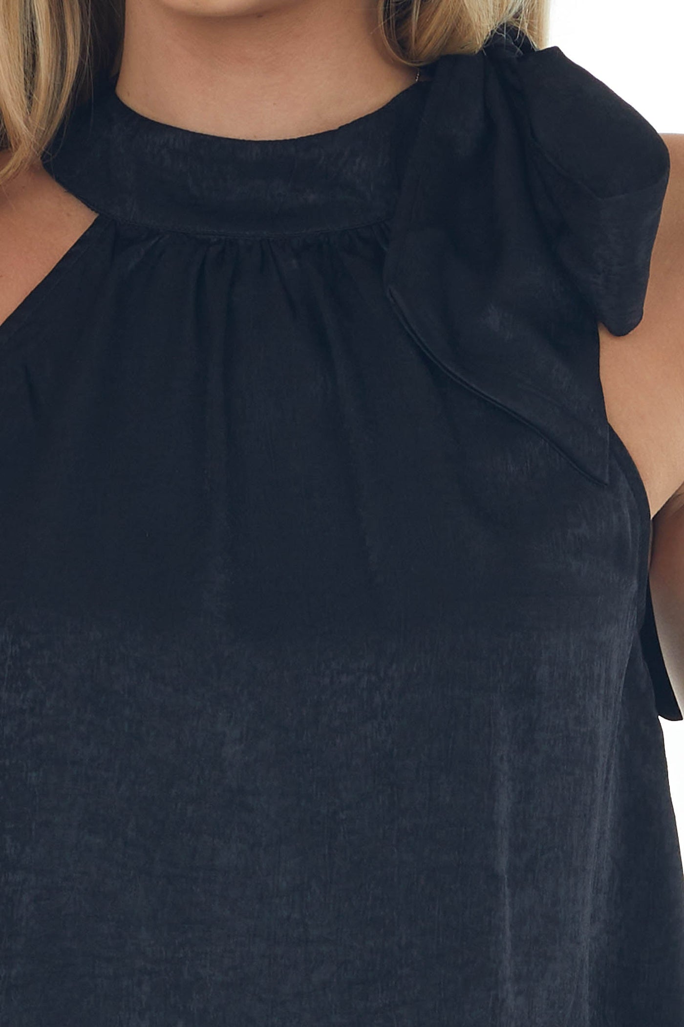 Black Side Bow Tie Halter Neck Silky Blouse