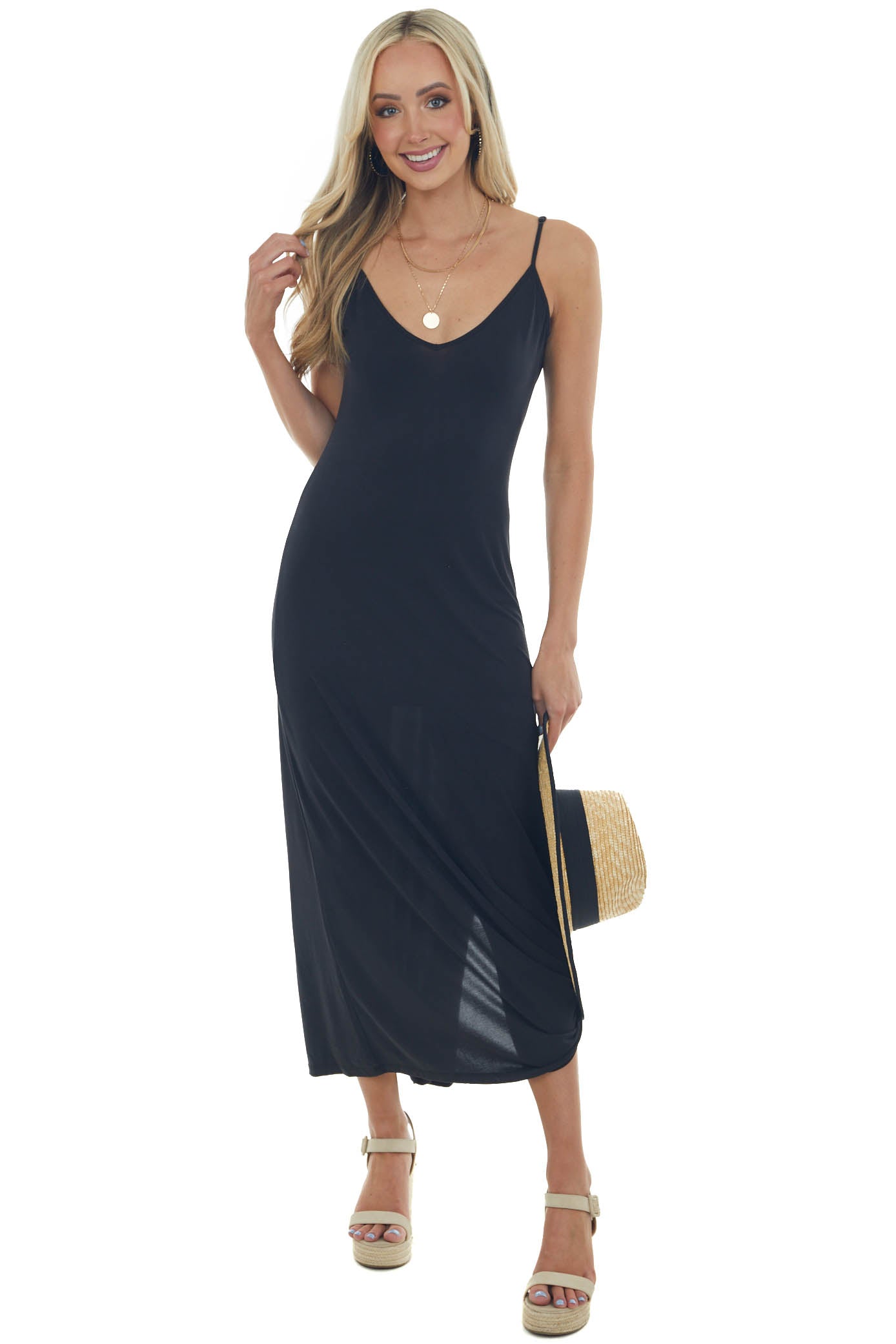 Black Side Slit Spaghetti Strap Maxi Dress