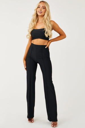 Black Silky Knit Crop Top and Seamed Pants Set
