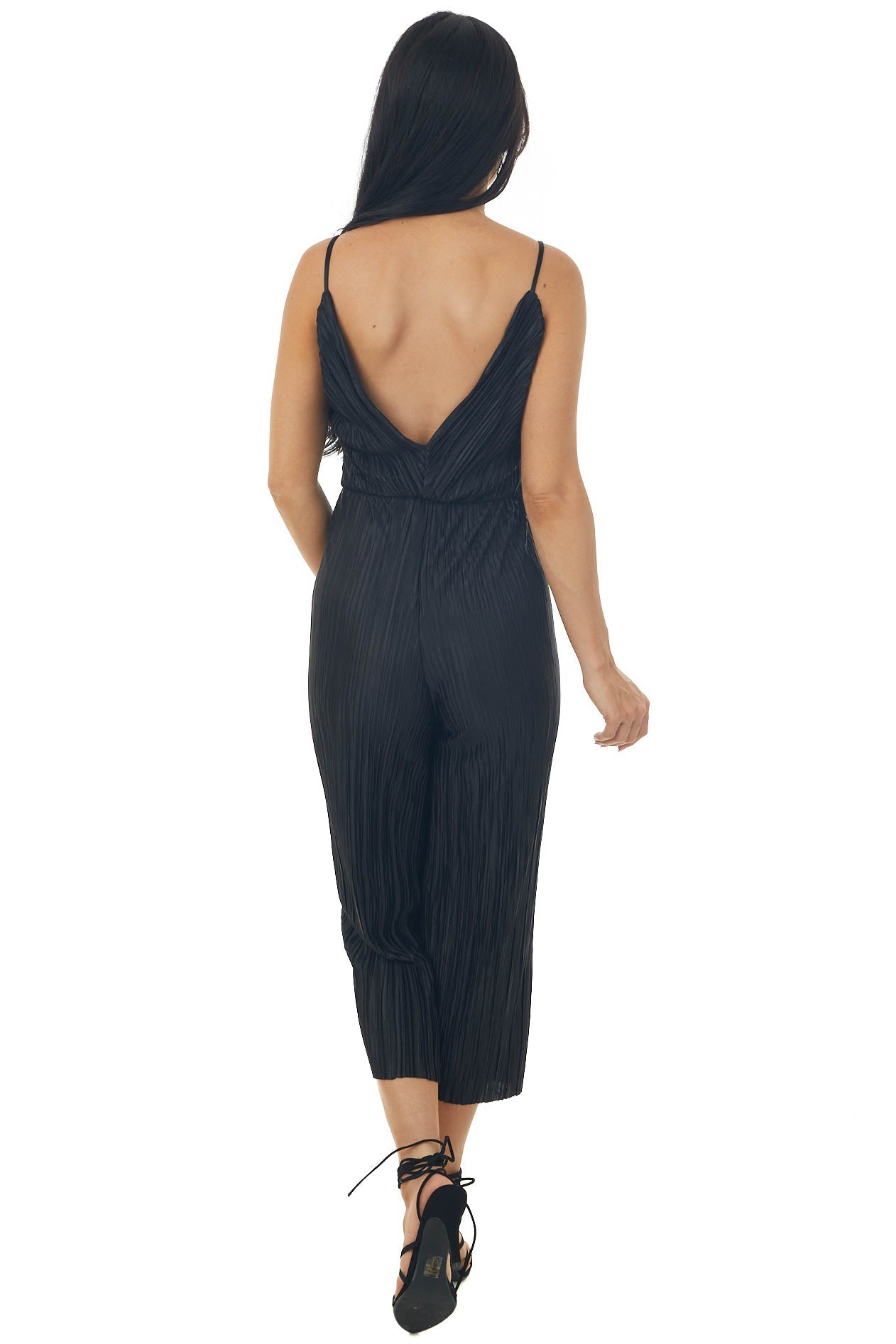 Black Silky Textured Jumpsuit with Criss Cross Neckline
