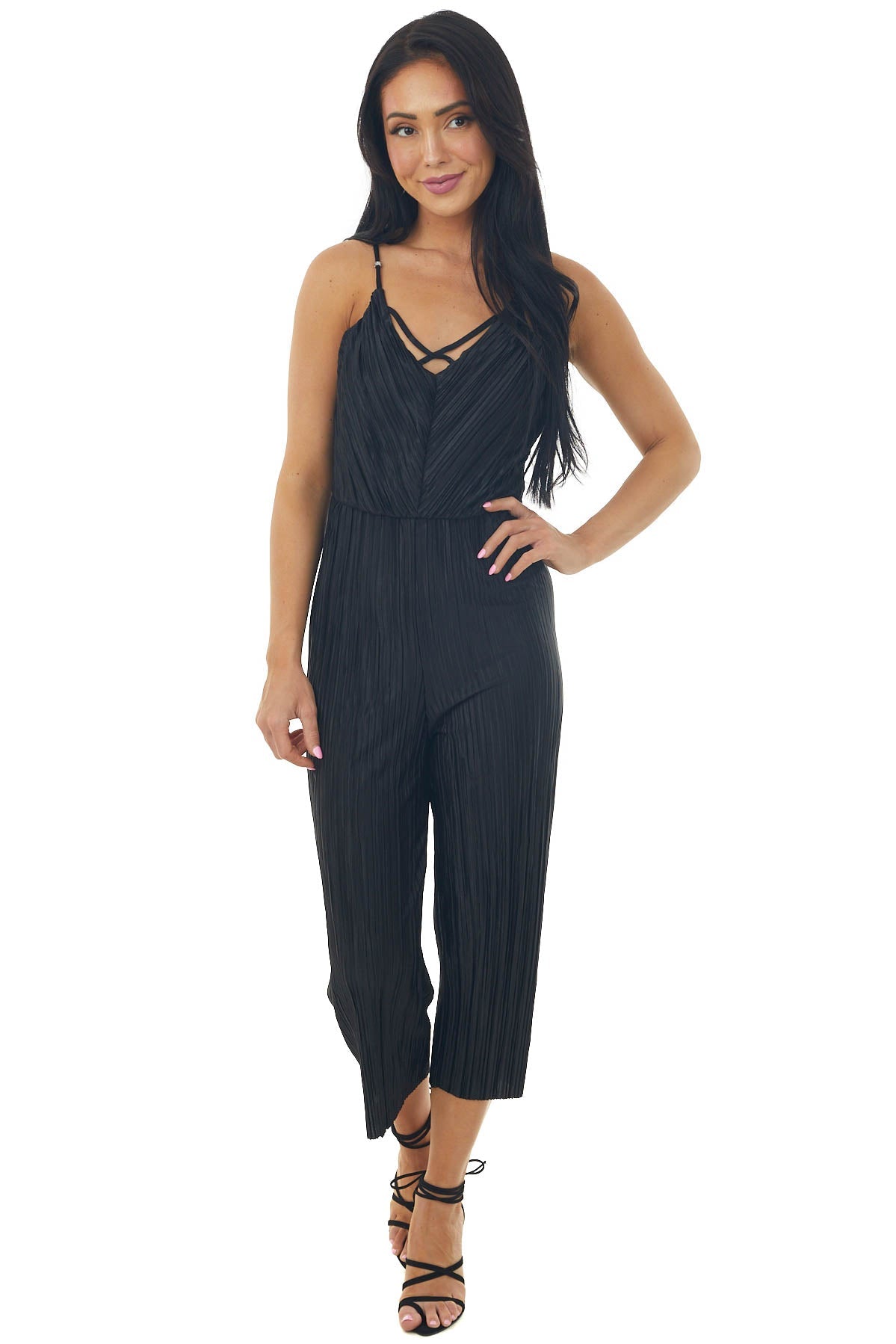 Black Silky Textured Jumpsuit with Criss Cross Neckline