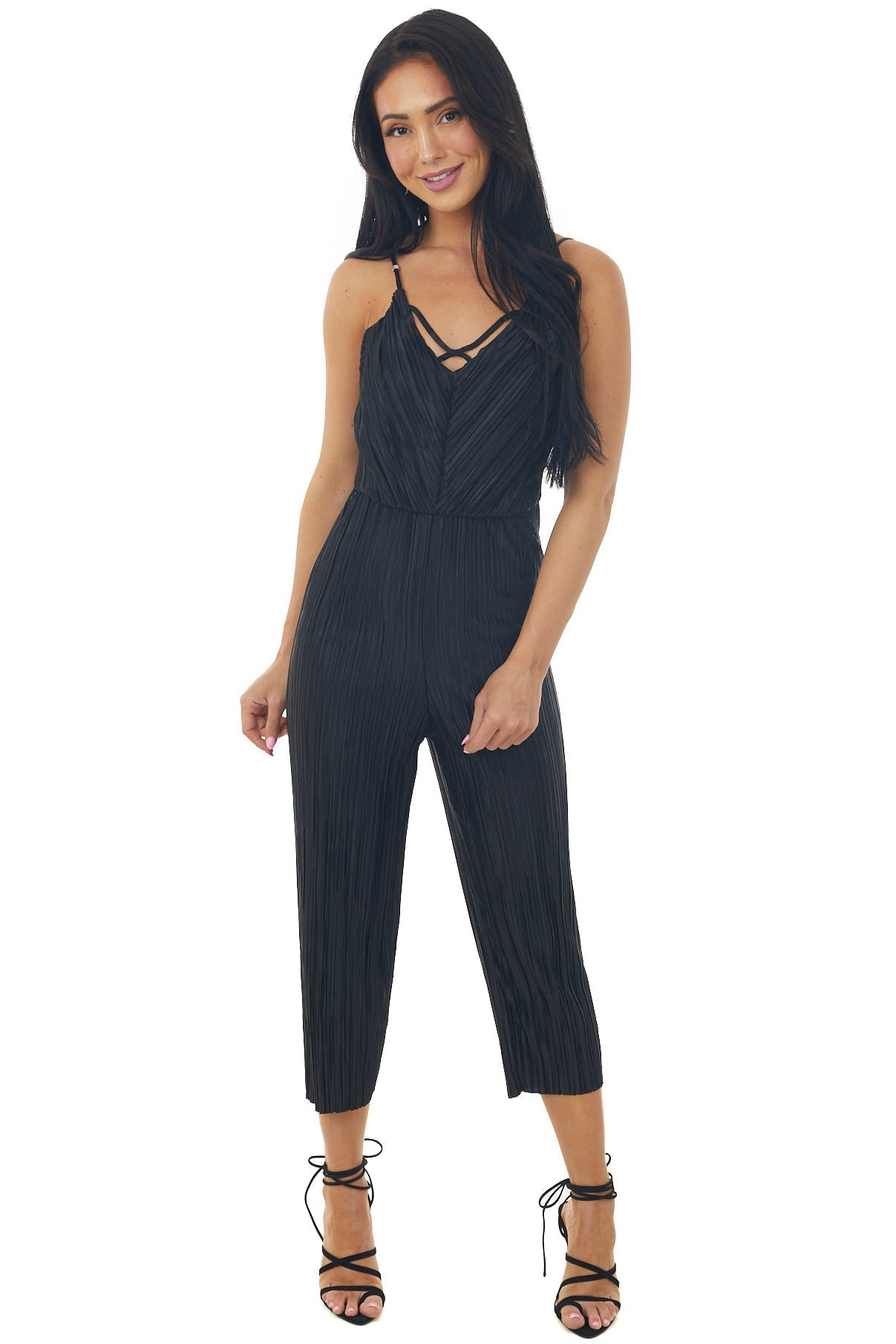 Black Silky Textured Jumpsuit with Criss Cross Neckline