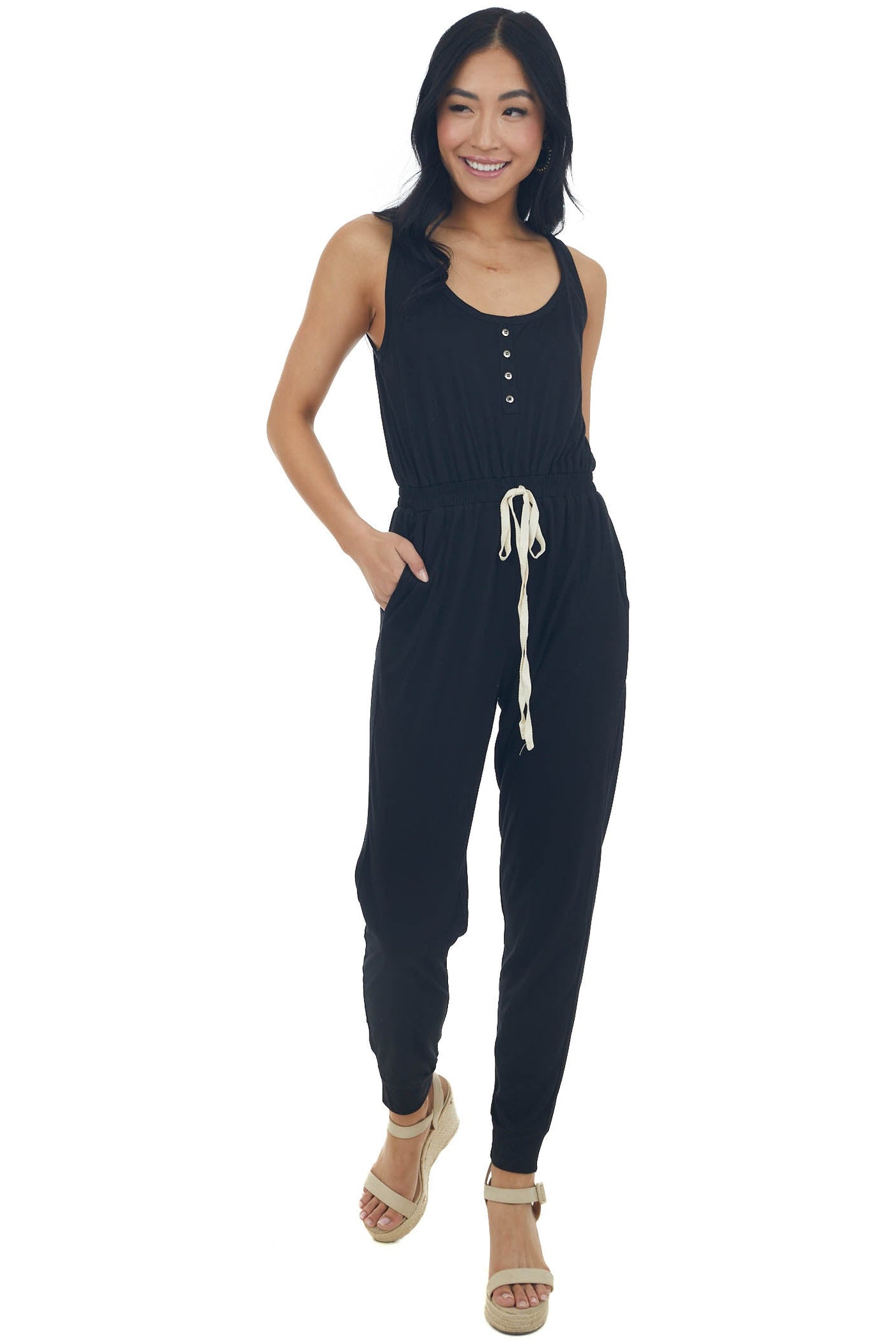 Black Sleeveless Elastic Waist Jumpsuit