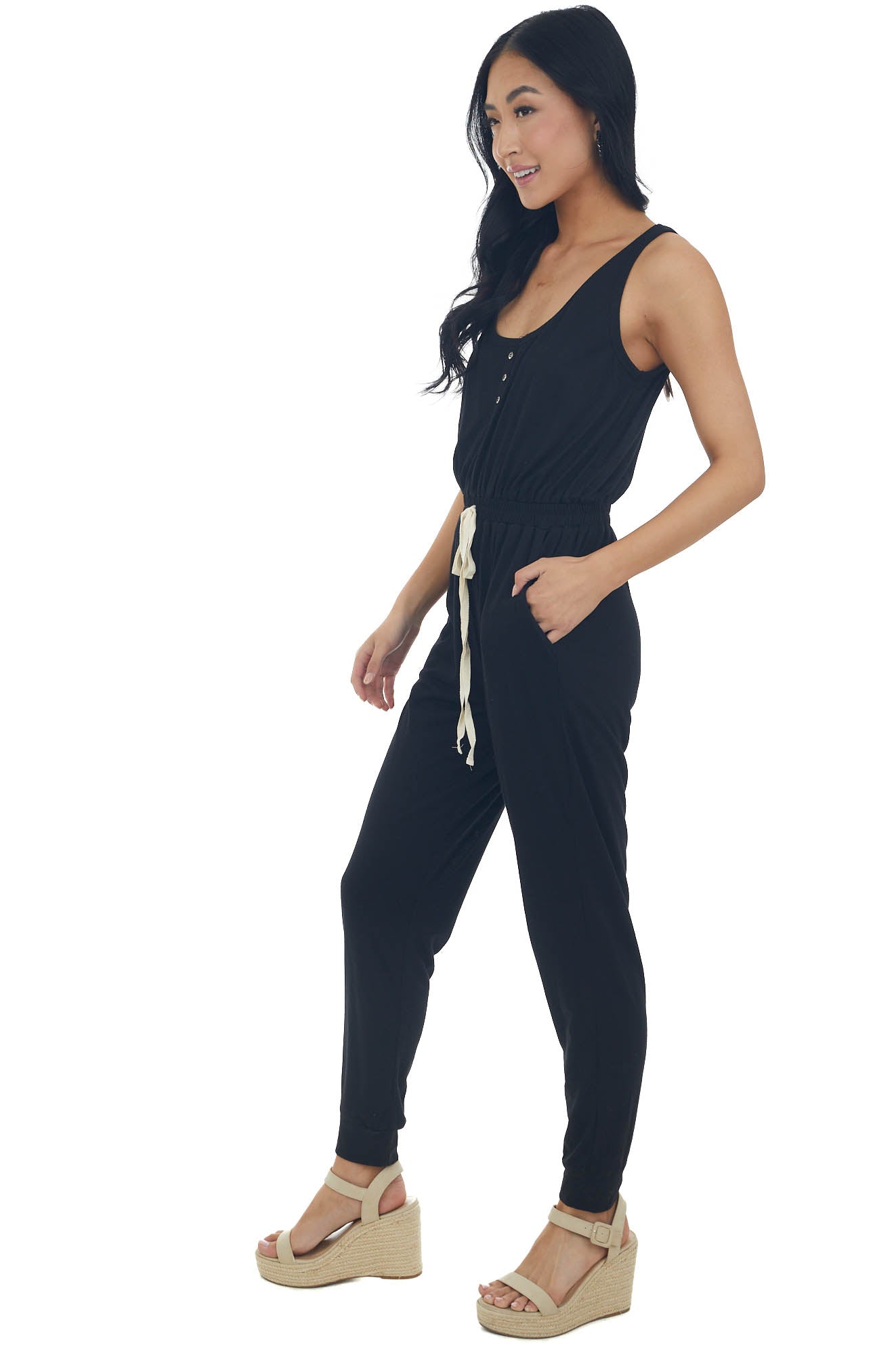 Black Sleeveless Elastic Waist Jumpsuit