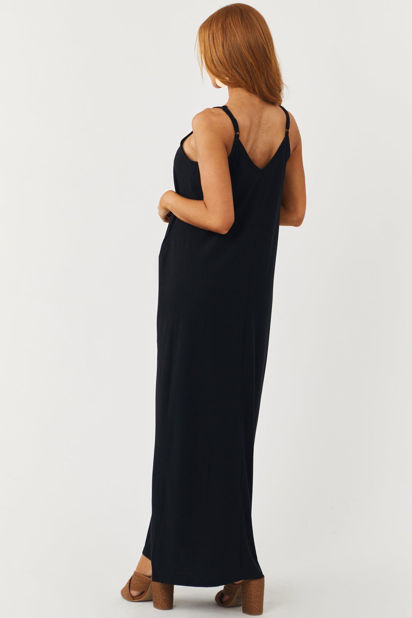 Black Sleeveless Knit Maxi Dress with Pockets