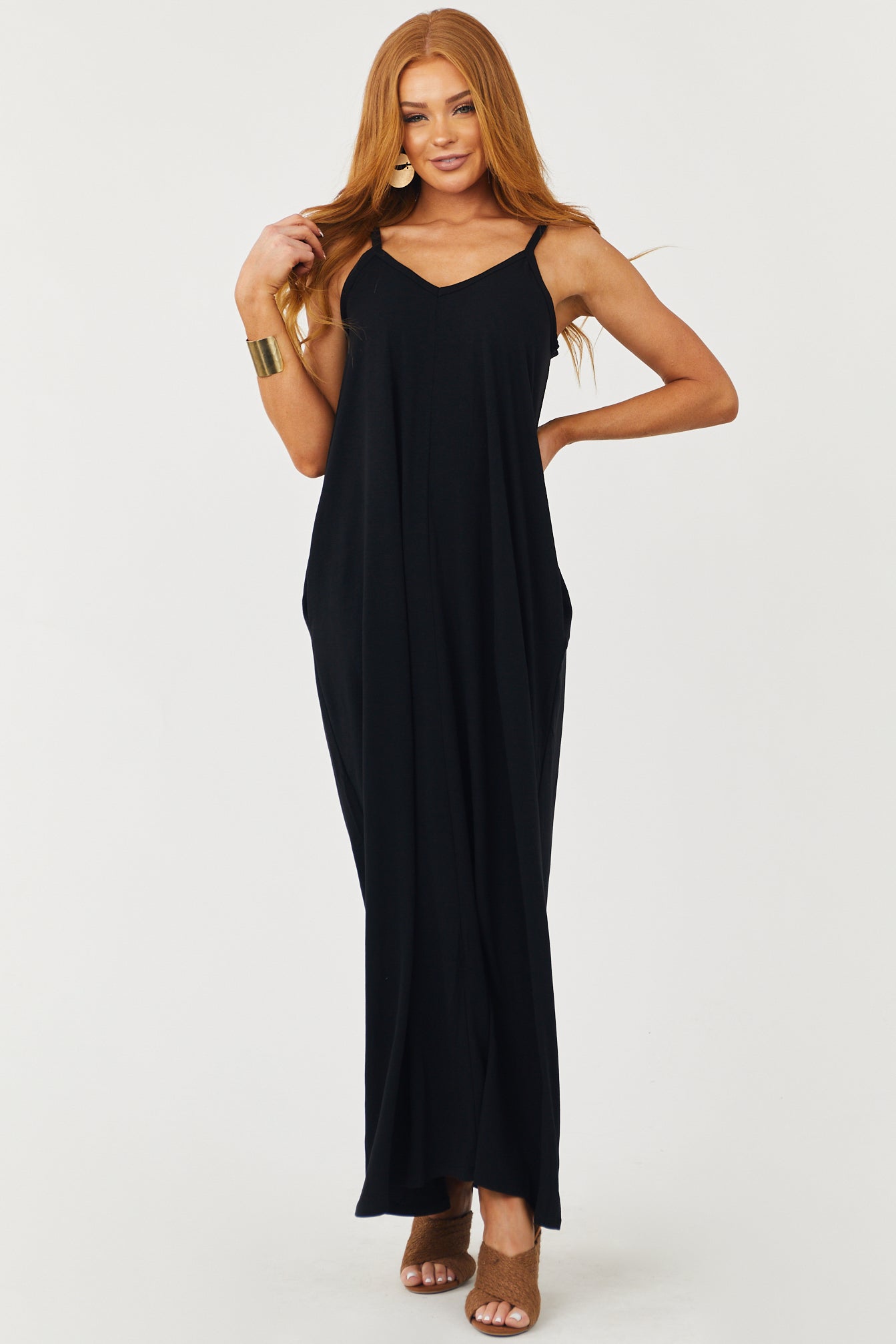 Black Sleeveless Knit Maxi Dress with Pockets