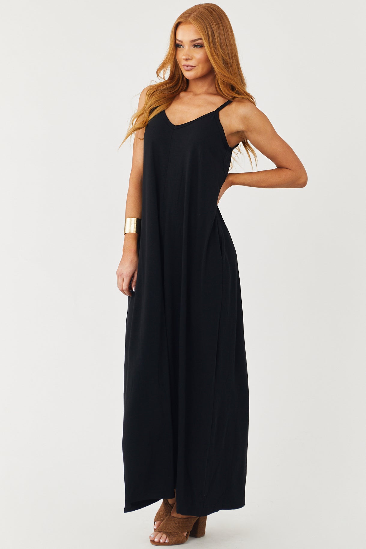 Black Sleeveless Knit Maxi Dress with Pockets