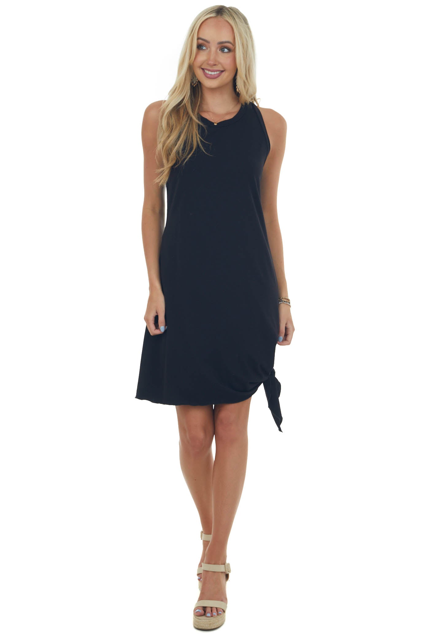Black Sleeveless Knit Short Dress with Side Tie