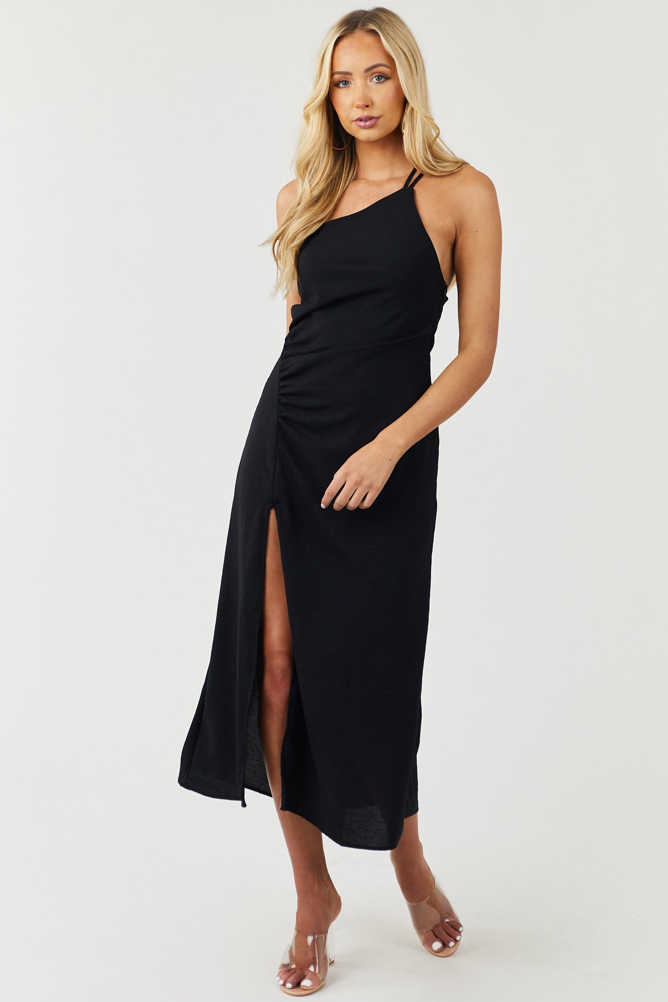Black Sleeveless One Shoulder Woven Maxi Dress