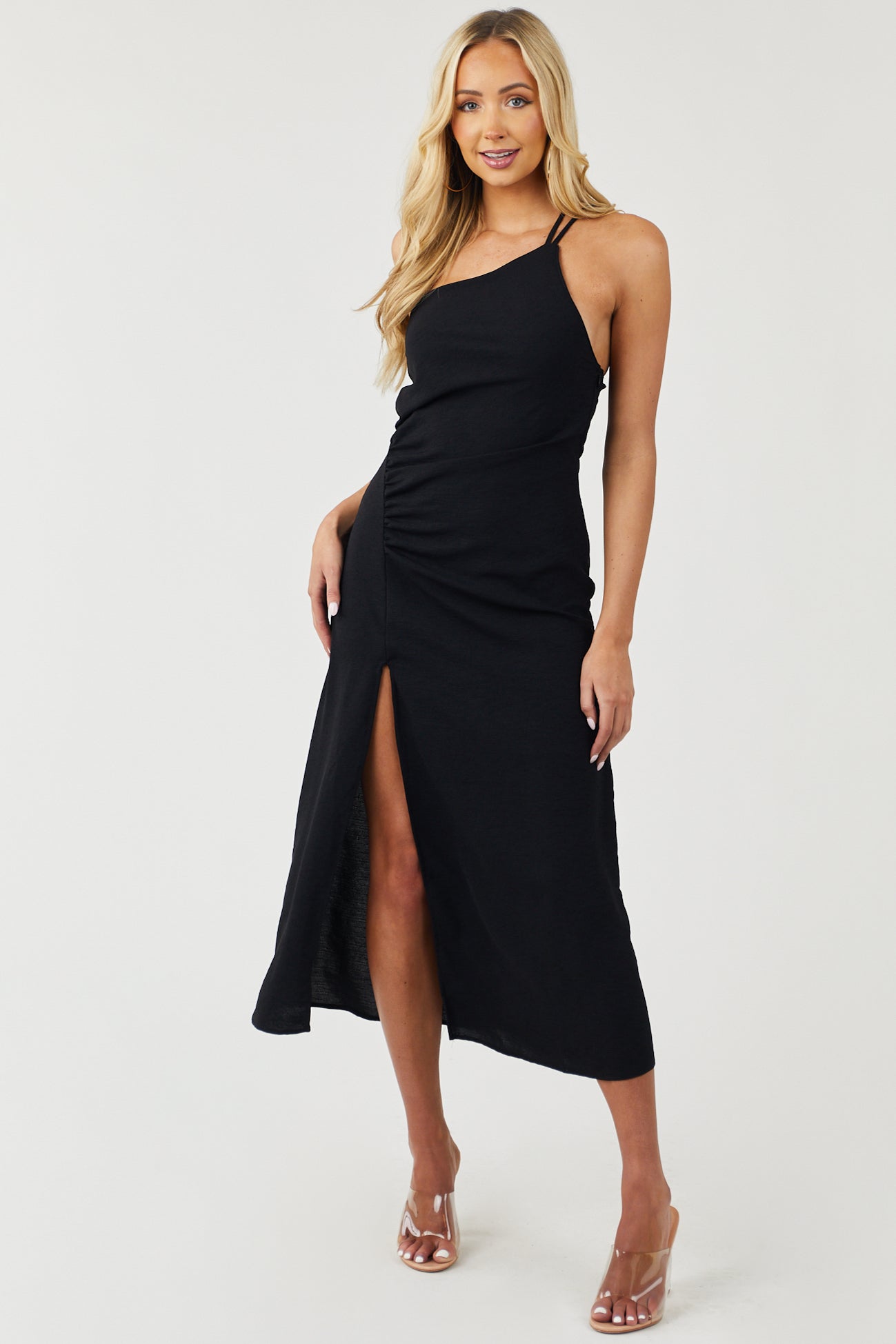 Black Sleeveless One Shoulder Woven Maxi Dress