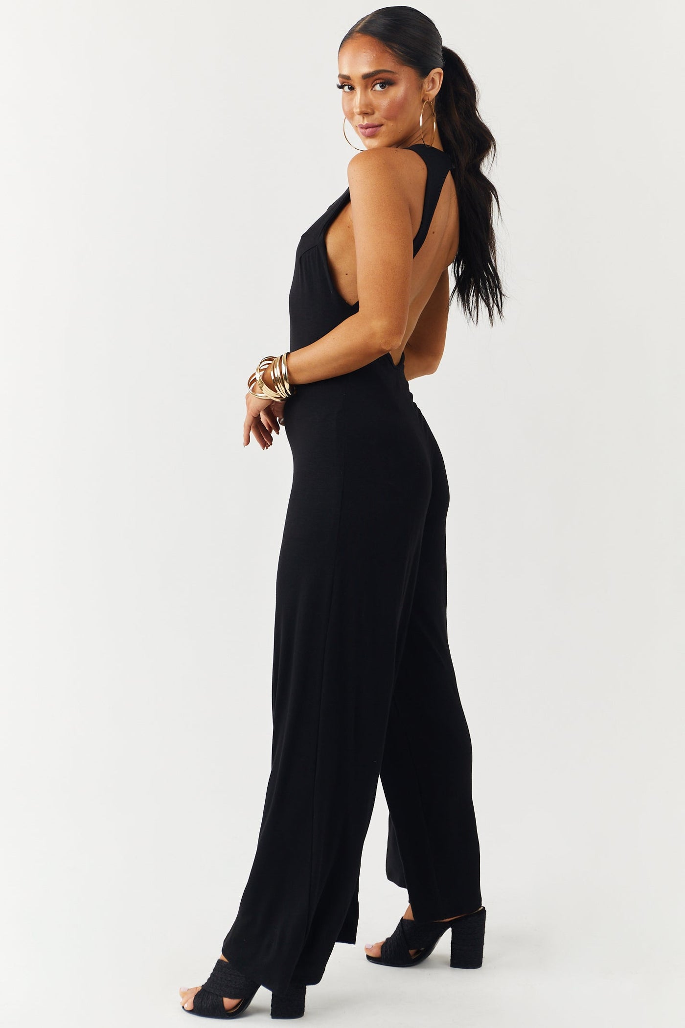 Black Sleeveless Open Back Wide Leg Jumpsuit
