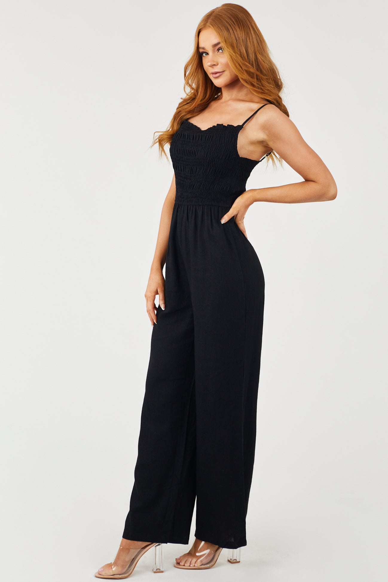 Black Sleeveless Smocked Jumpsuit