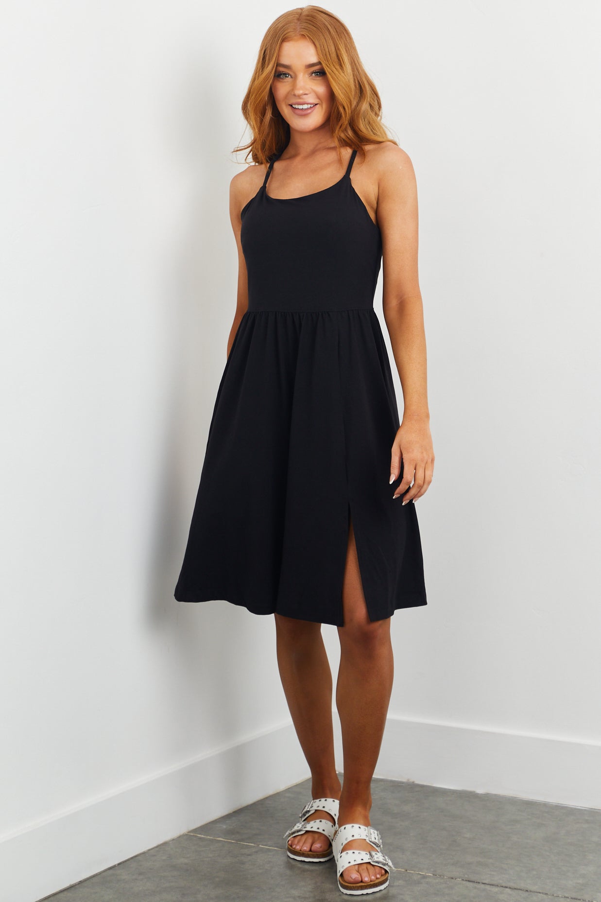 Black Sleeveless Soft Knit Side Slit Short Dress