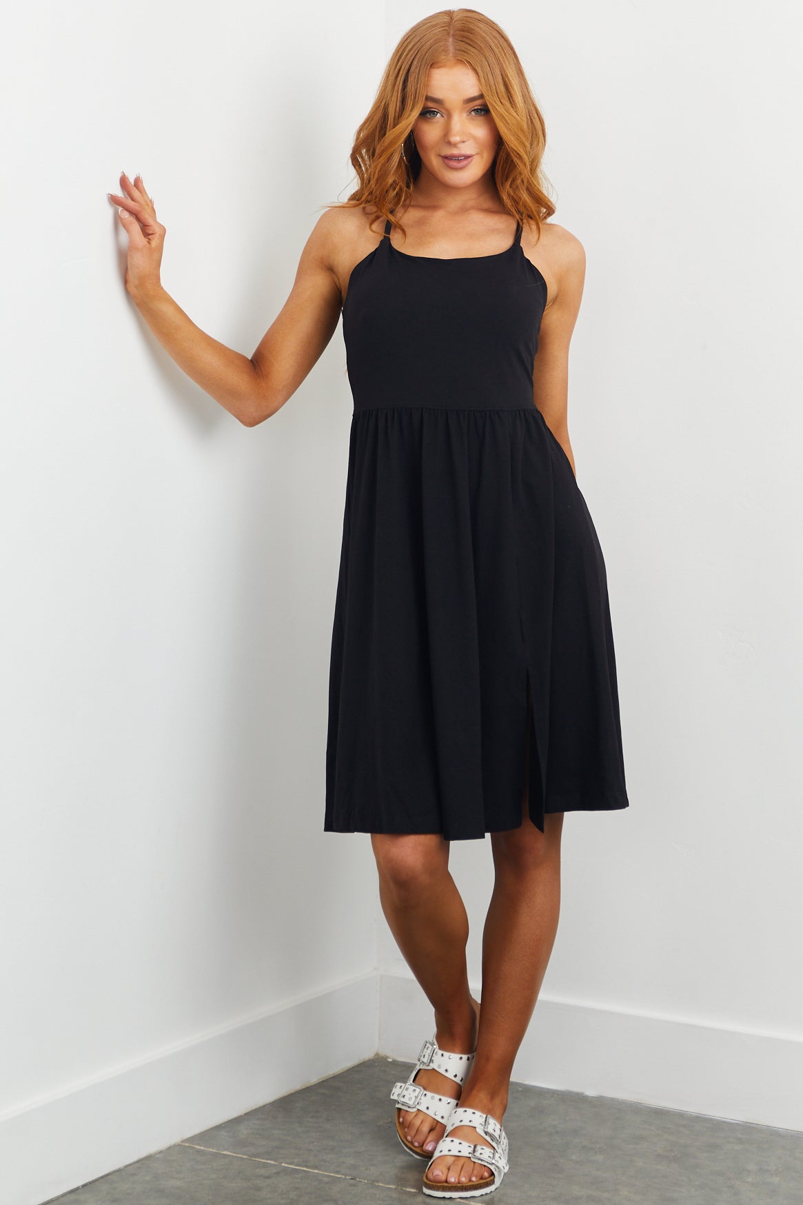 Black Sleeveless Soft Knit Side Slit Short Dress