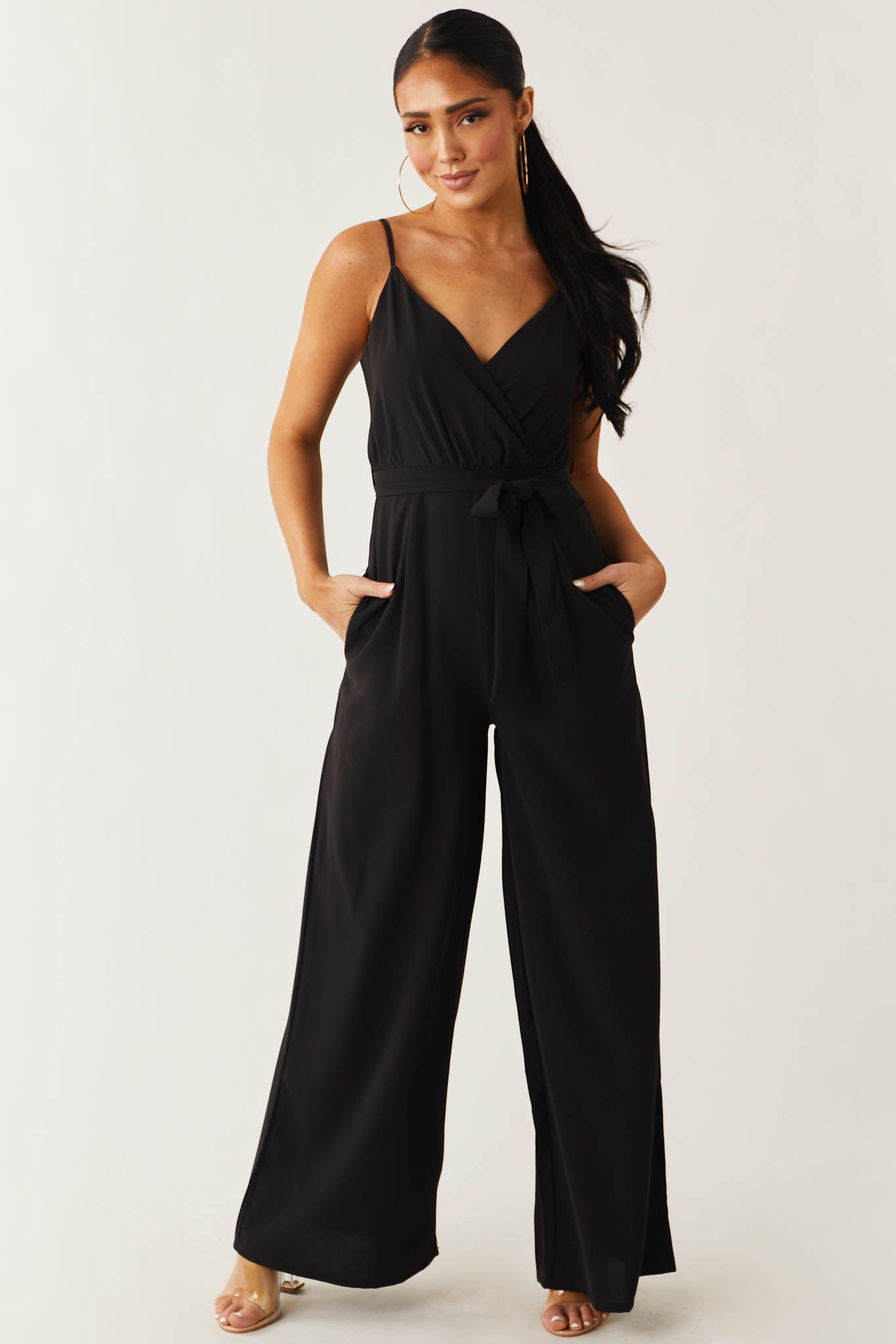 Black Sleeveless Surplice Waist Tie Jumpsuit