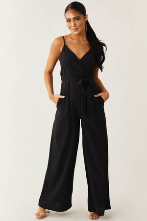 Black Sleeveless Surplice Waist Tie Jumpsuit