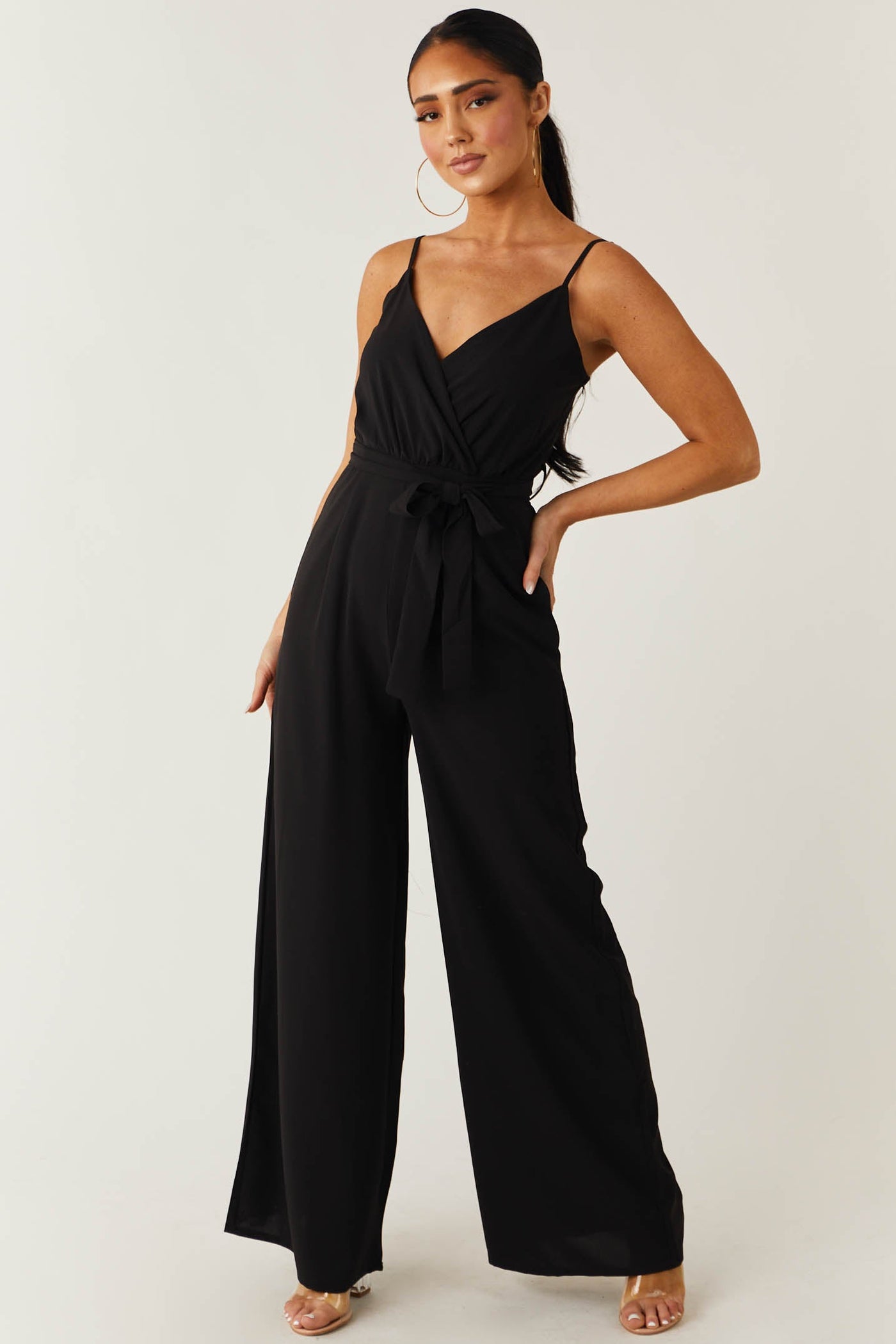 Black Sleeveless Surplice Waist Tie Jumpsuit