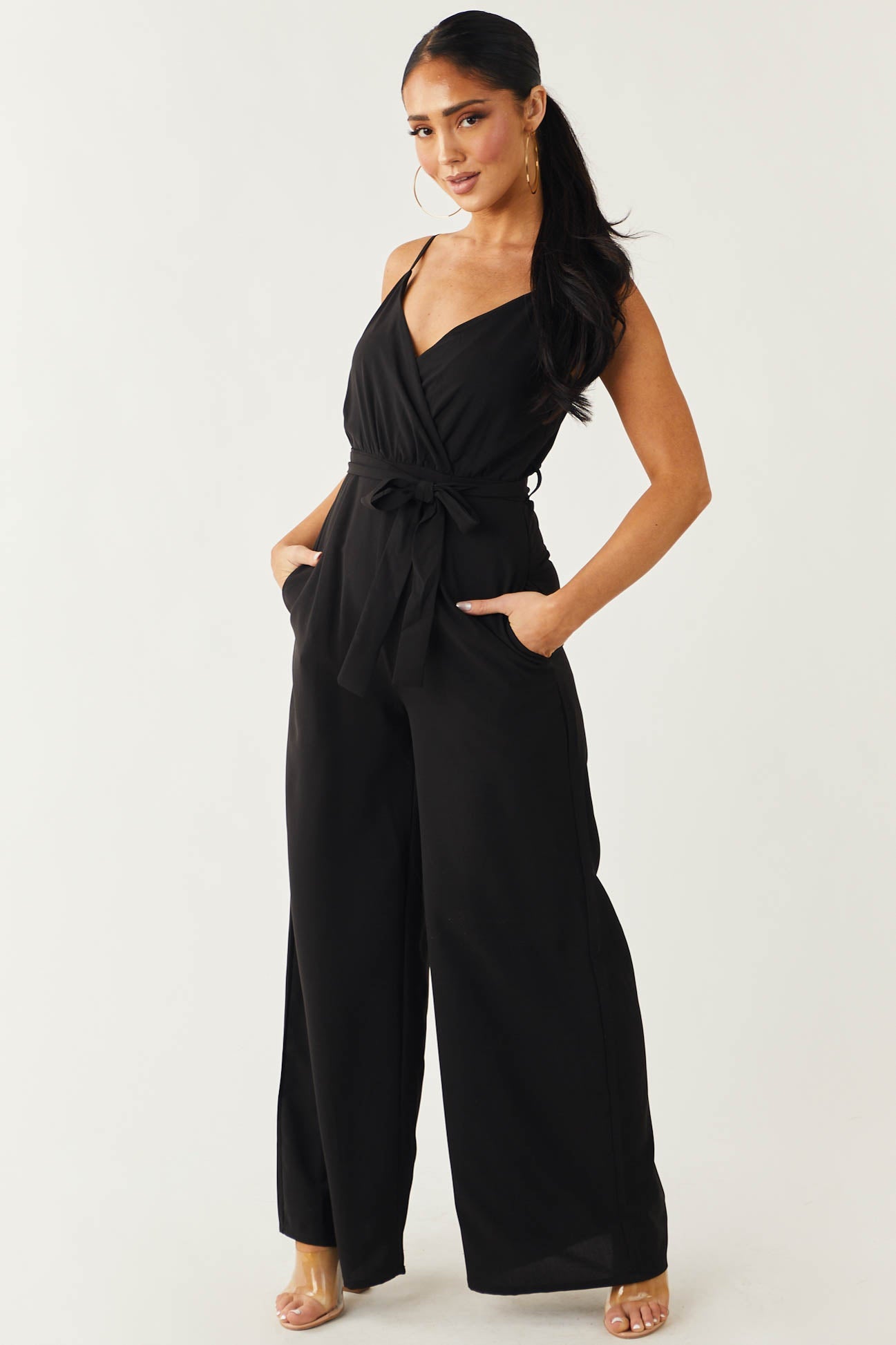 Black Sleeveless Surplice Waist Tie Jumpsuit