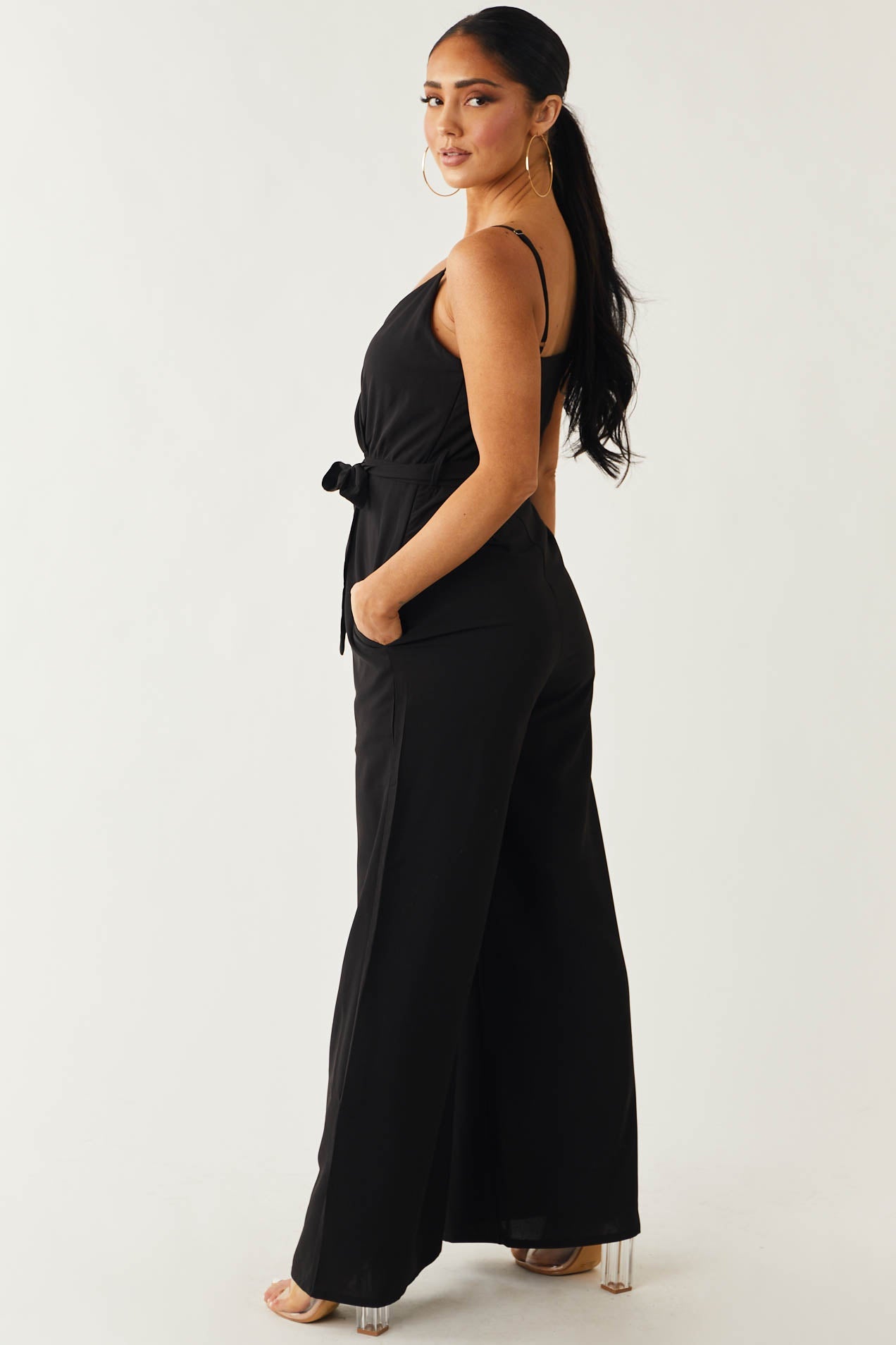 Black Sleeveless Surplice Waist Tie Jumpsuit