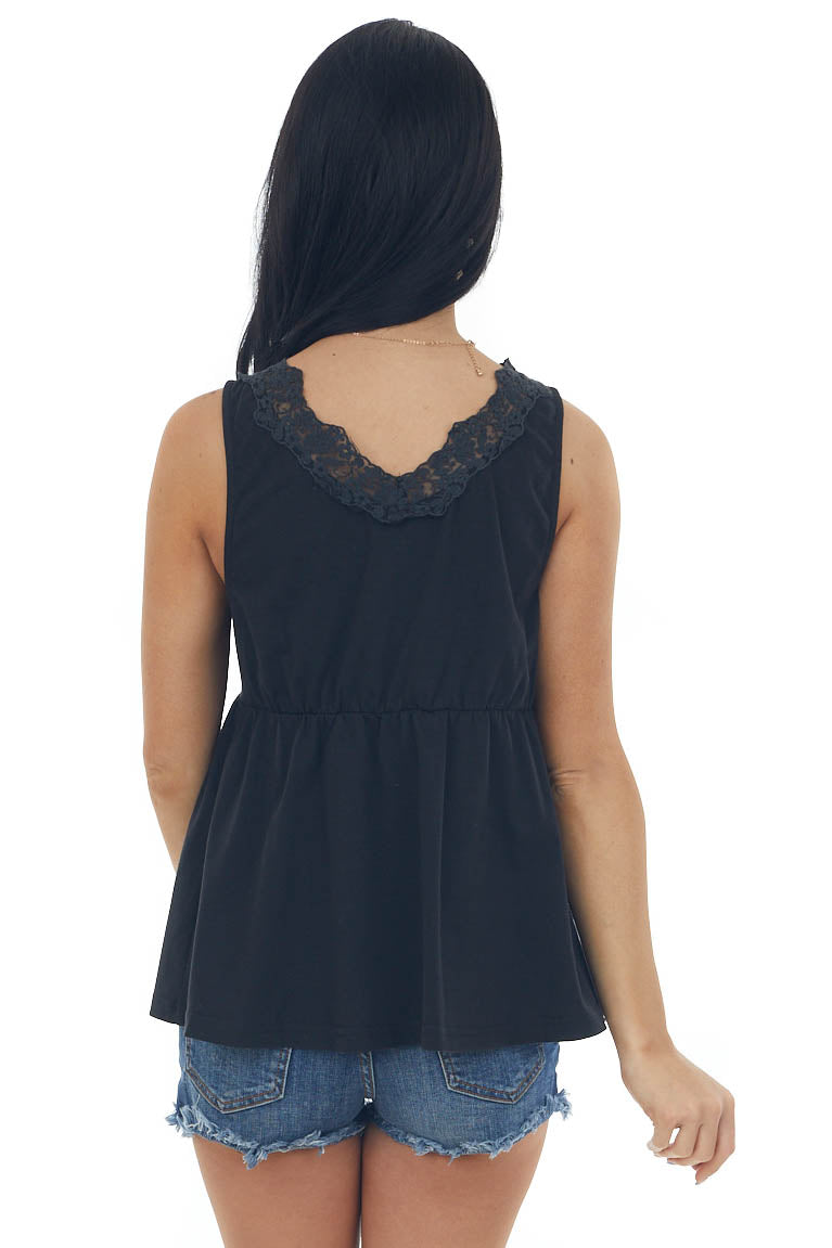 Black Sleeveless V Neck Floral Lace Knit Top