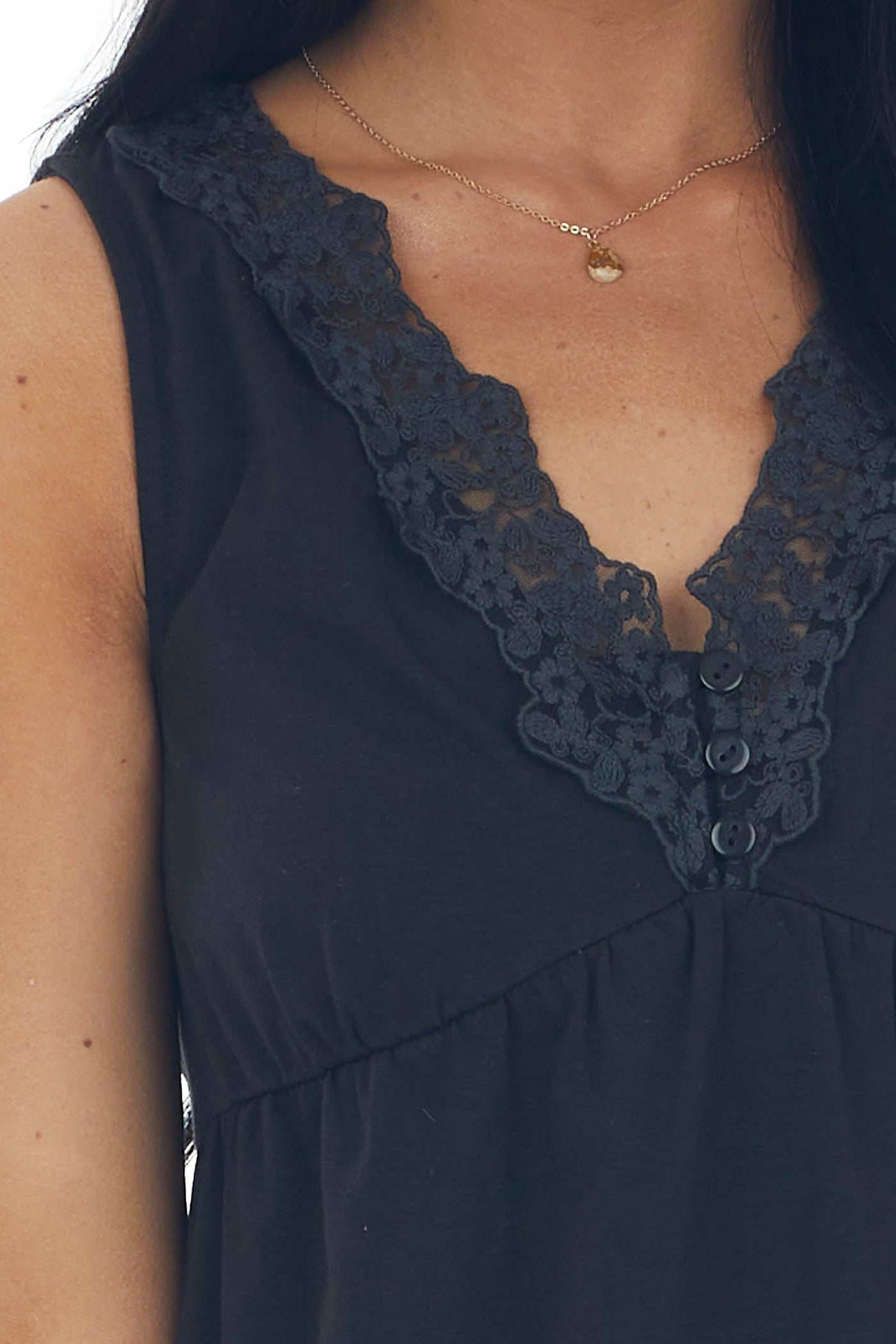 Black Sleeveless V Neck Floral Lace Knit Top