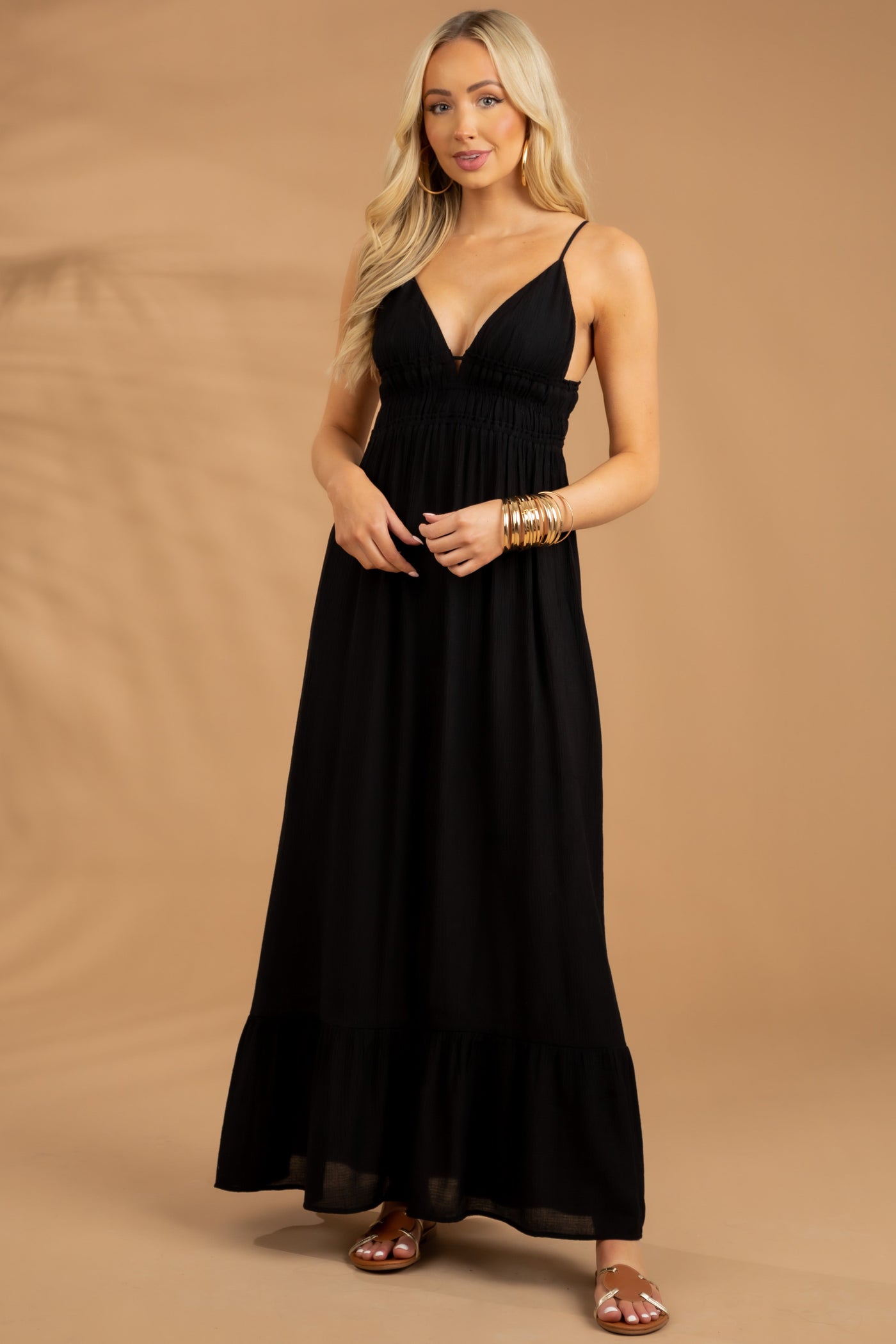 Black Sleeveless V Neck Smocked Woven Maxi Dress