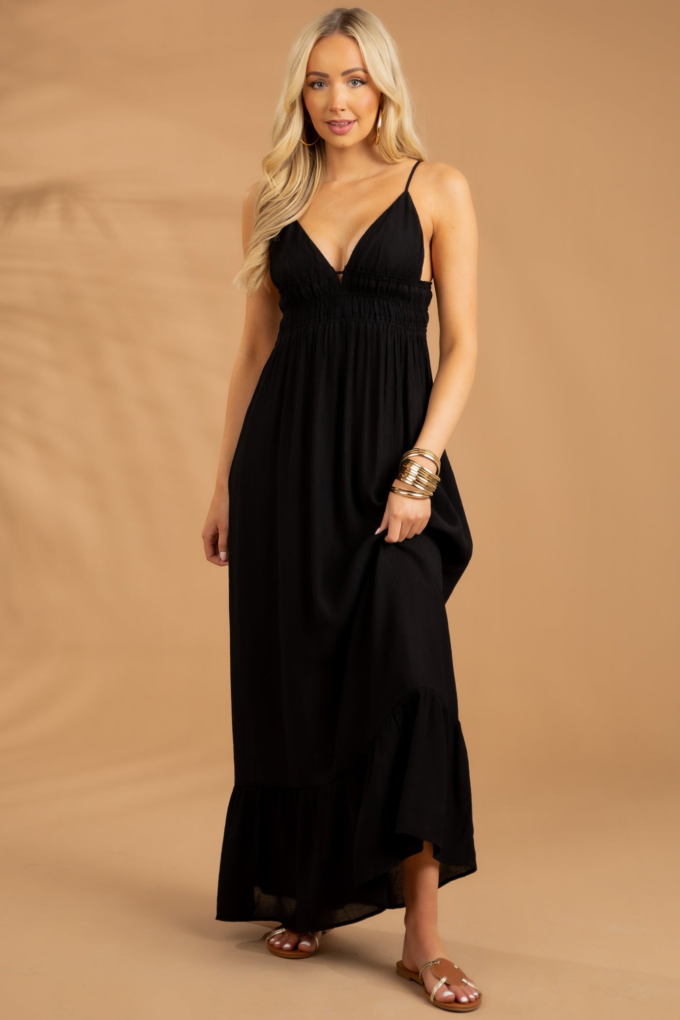 Black Sleeveless V Neck Smocked Woven Maxi Dress