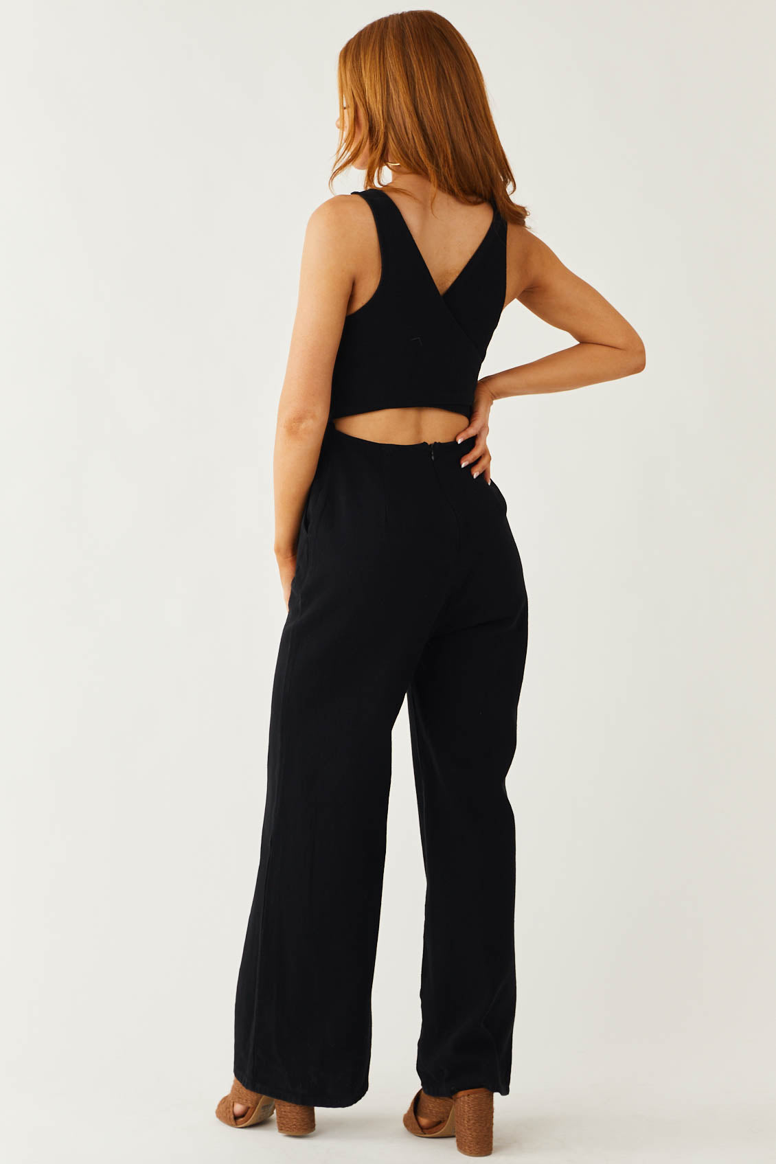 Black Sleeveless Wide Leg Denim Jumpsuit