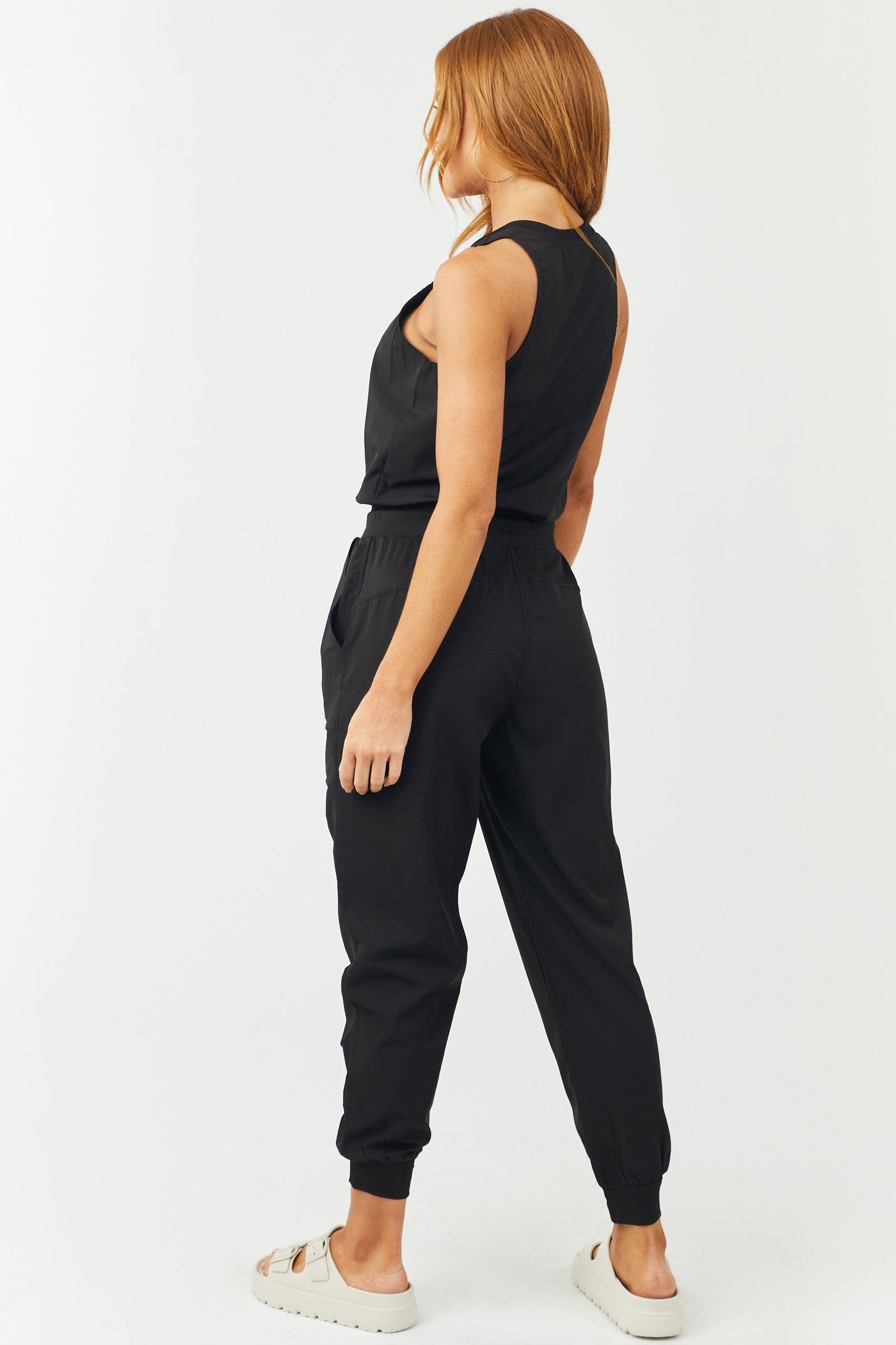 Black Sleeveless Zip Up Drawstring Waist Jumpsuit