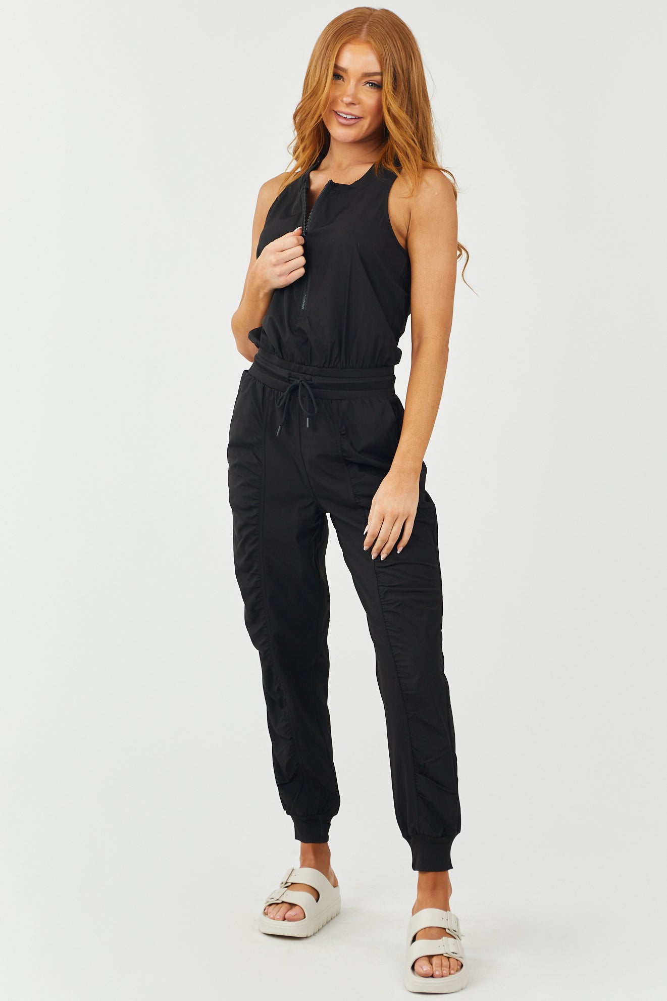 Black Sleeveless Zip Up Drawstring Waist Jumpsuit