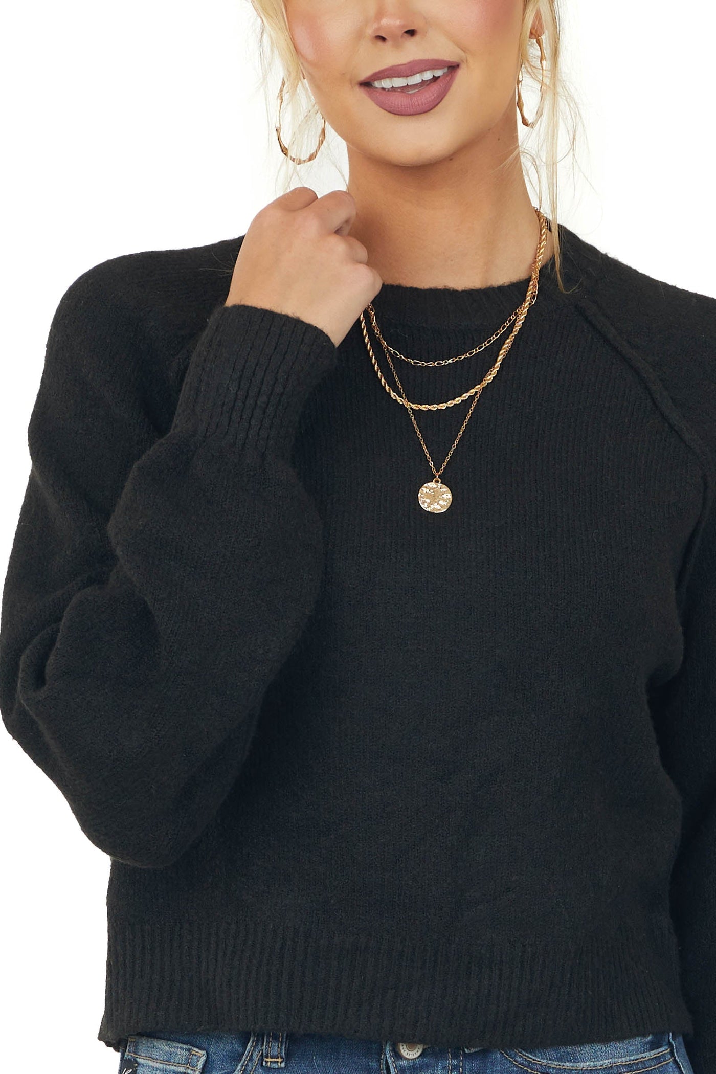 Black Slight Crop Raglan Sleeve Sweater