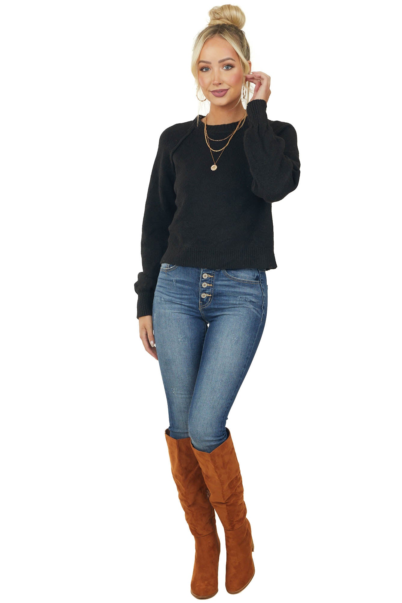 Black Slight Crop Raglan Sleeve Sweater