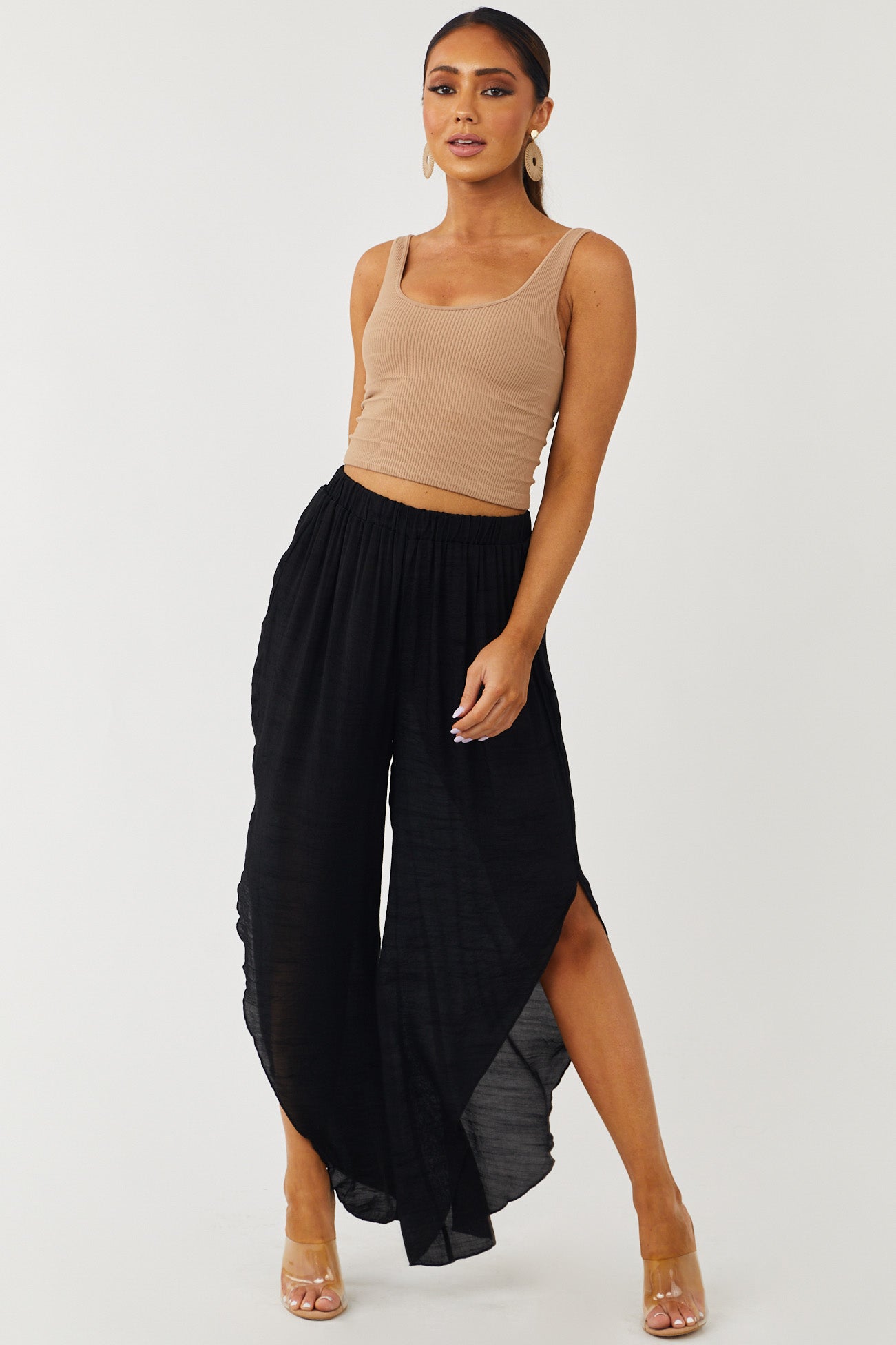 Black Slit Leg Sheer Woven Cover Up Pants