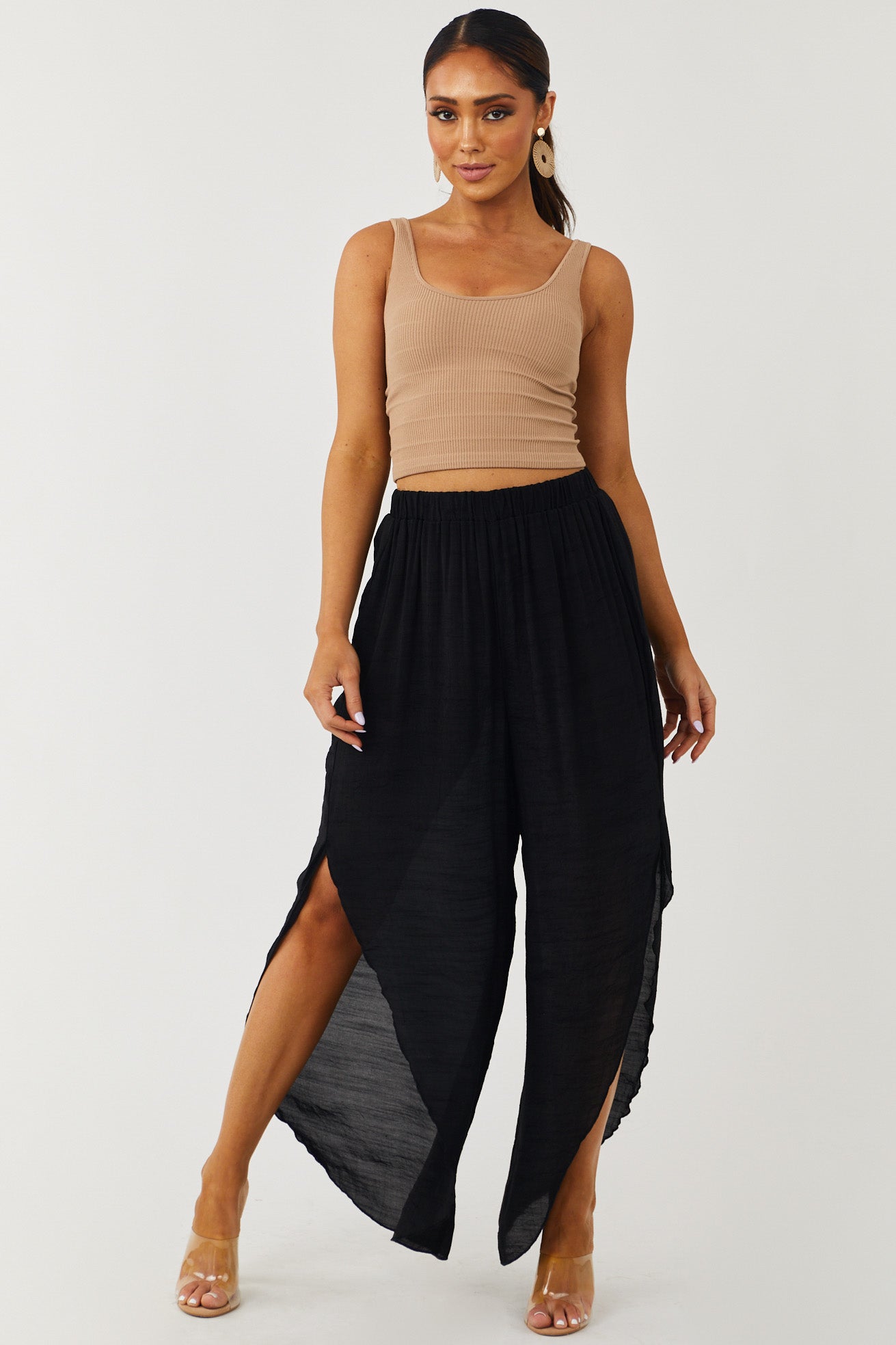 Black Slit Leg Sheer Woven Cover Up Pants