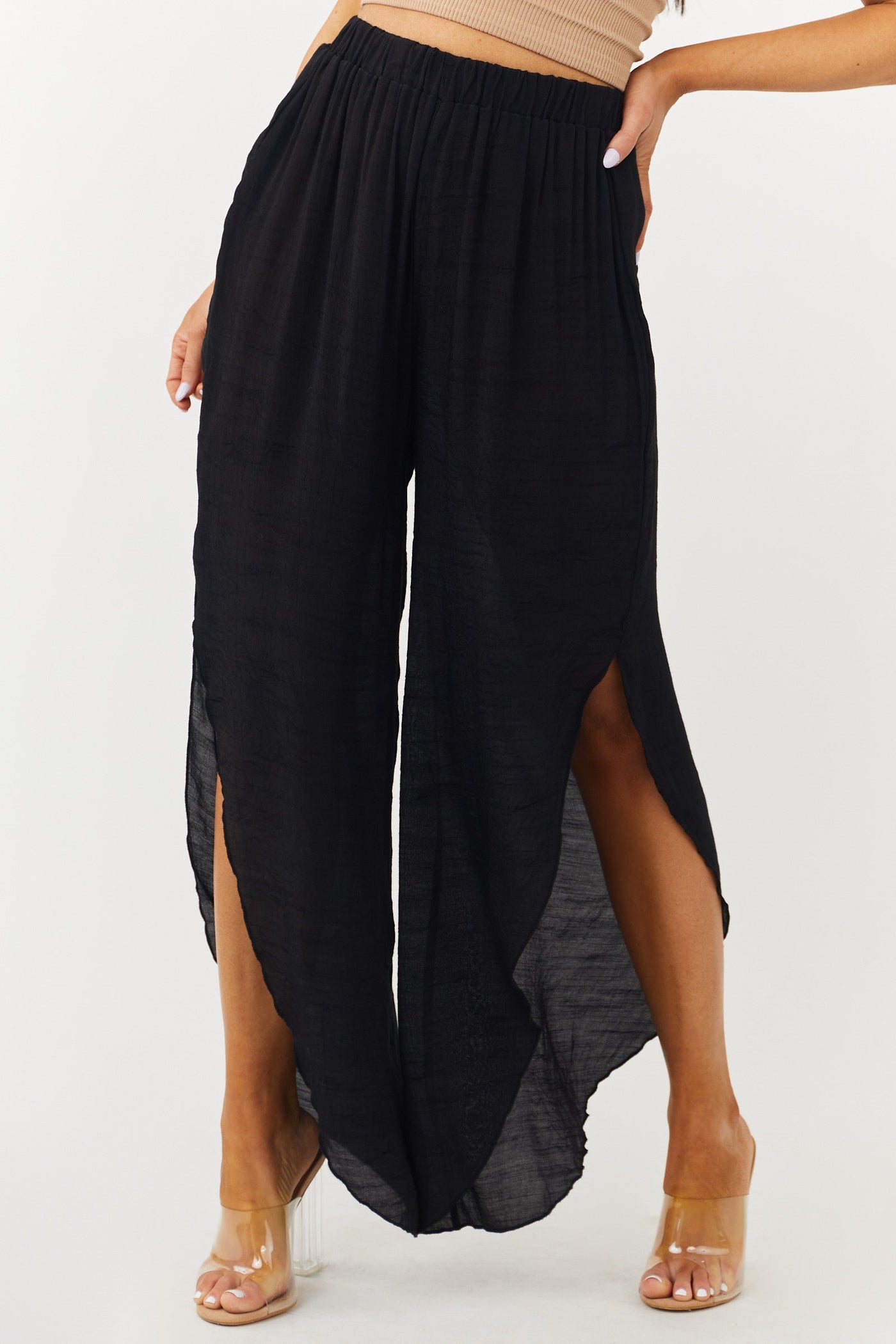 Black Slit Leg Sheer Woven Cover Up Pants