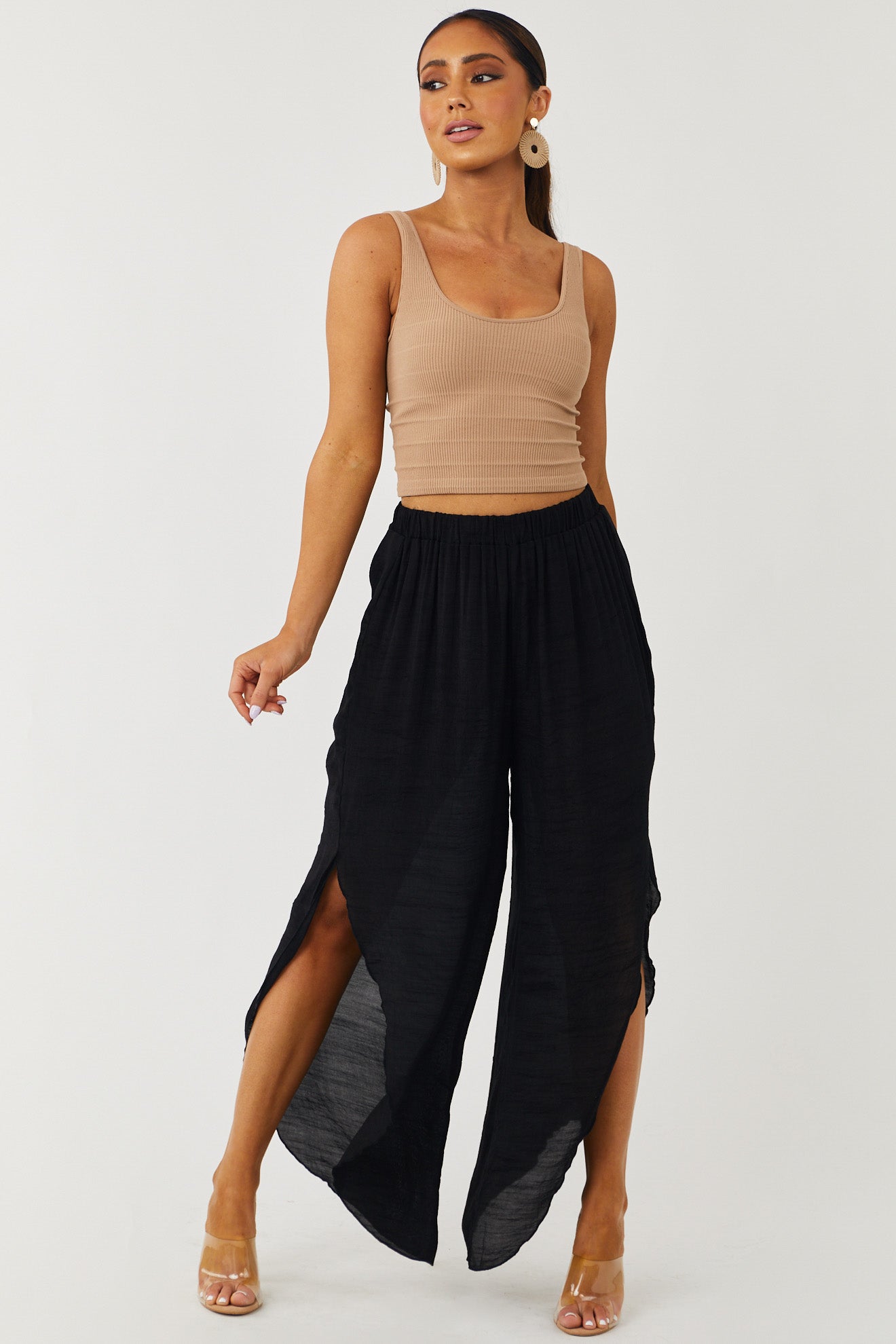 Black Slit Leg Sheer Woven Cover Up Pants